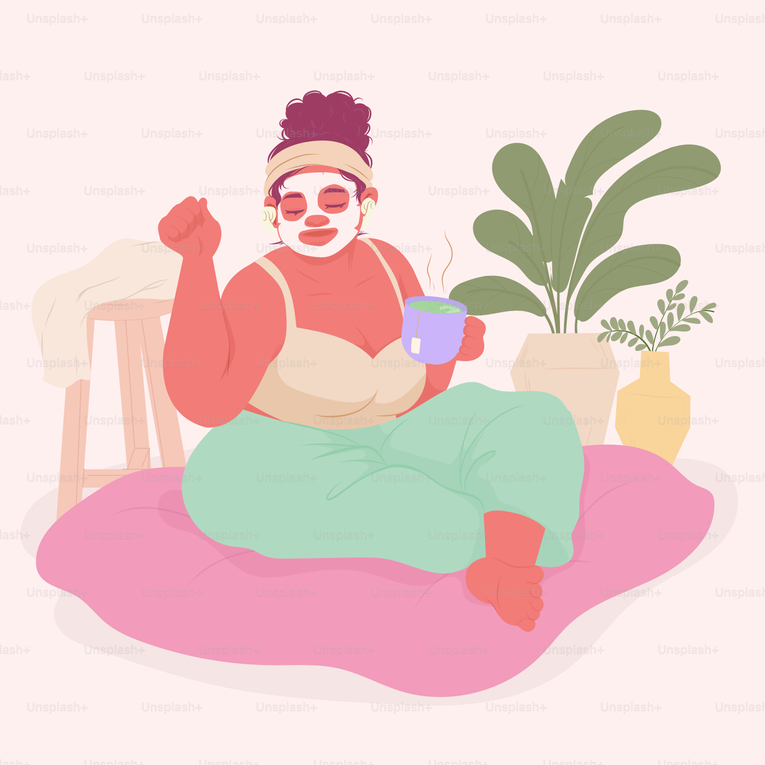 A woman sitting on a pink blanket holding a cup