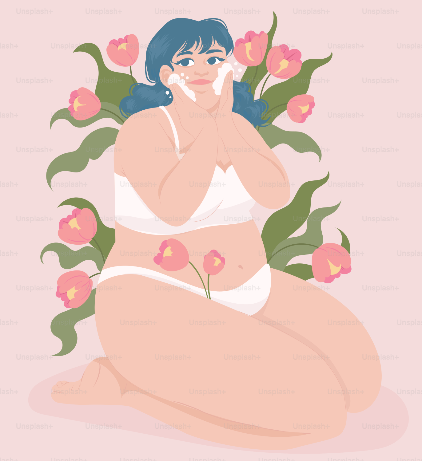 A woman sitting on the ground with flowers around her