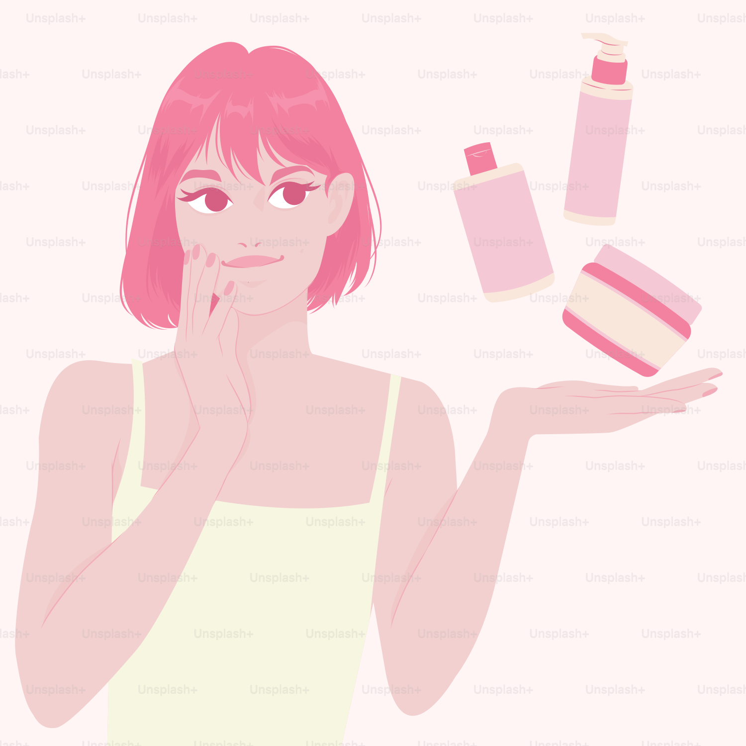 A woman with pink hair holding a bottle of lotion