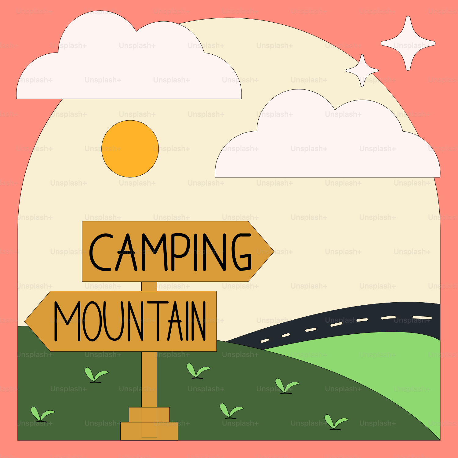 A sign that says camping mountain with a road in the background