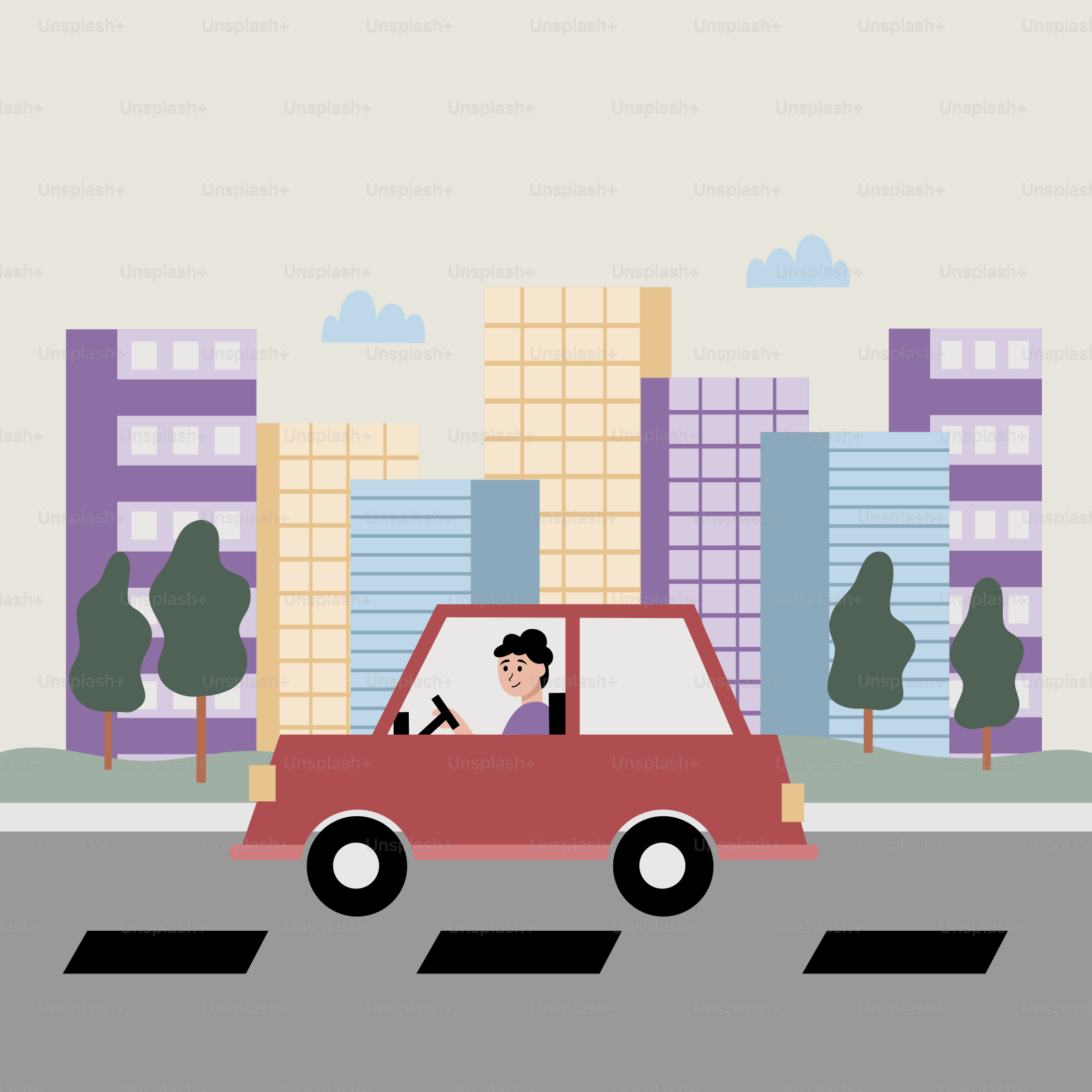 A red car driving down a street next to tall buildings