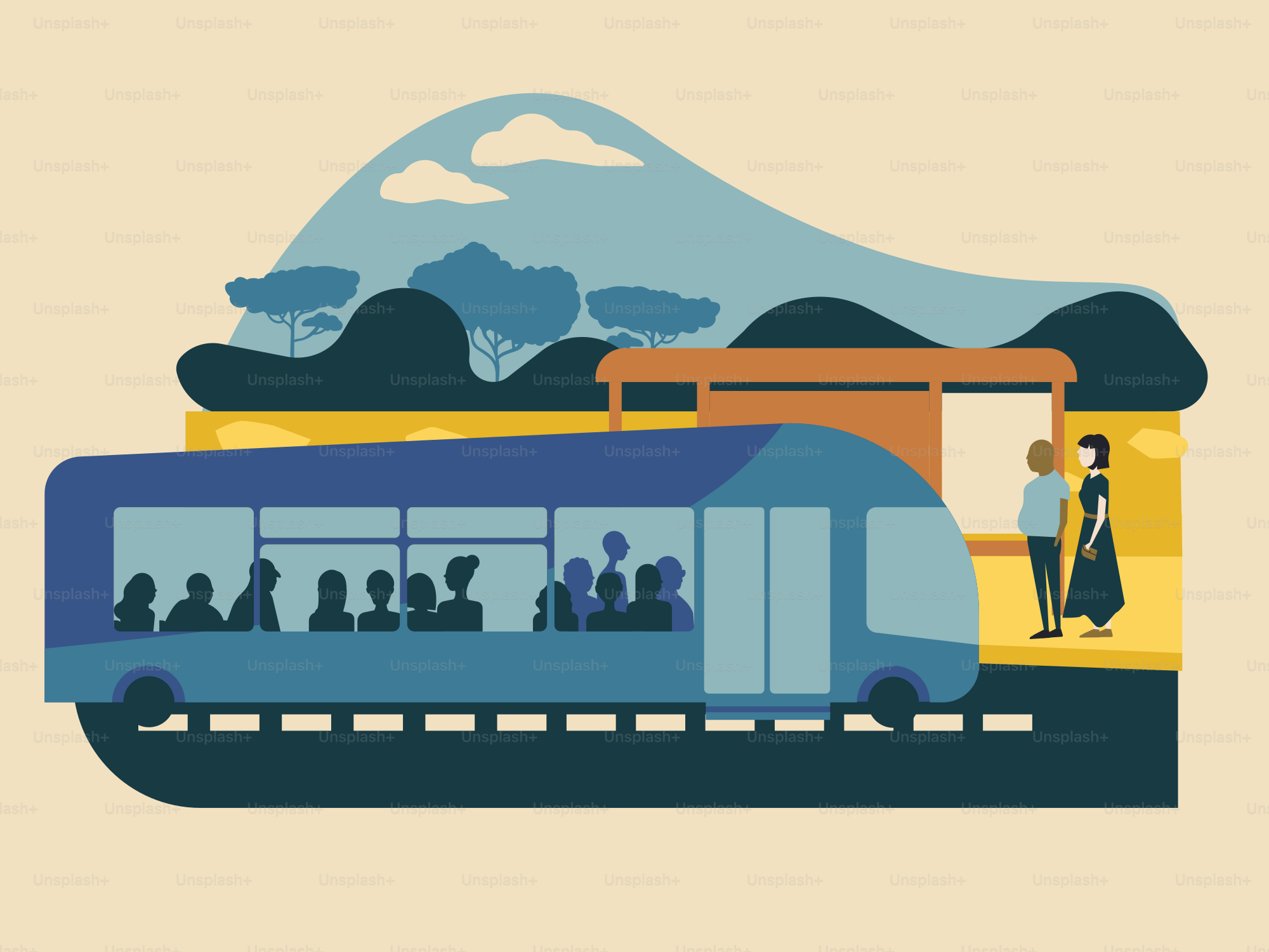 A blue and yellow train traveling past a mountain