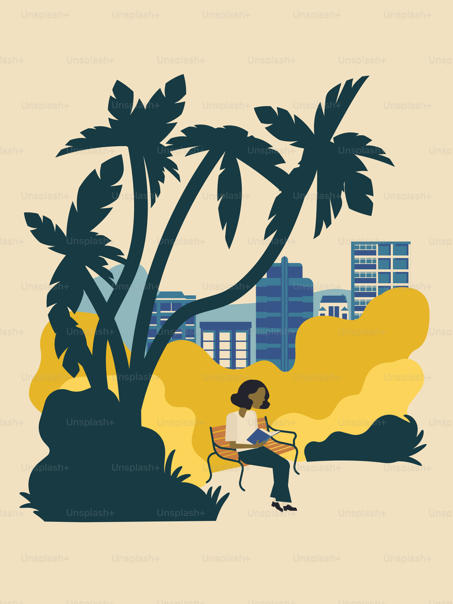 A woman sitting on a chair under a palm tree