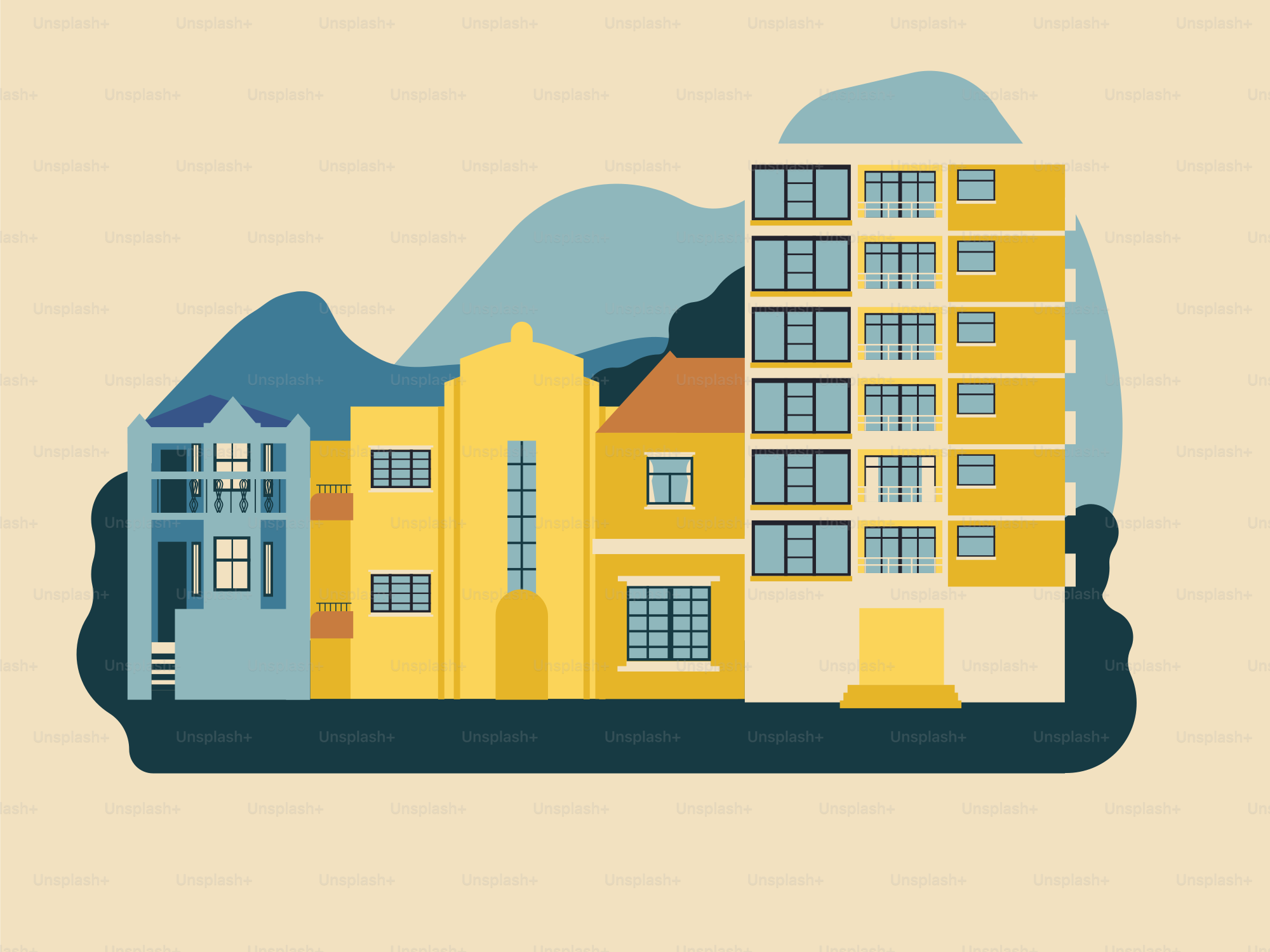 A picture of a building with mountains in the background