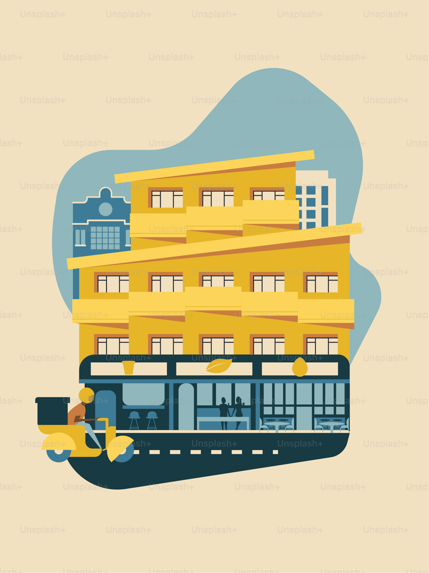 Un poster con un edificio giallo e uno scooter davanti