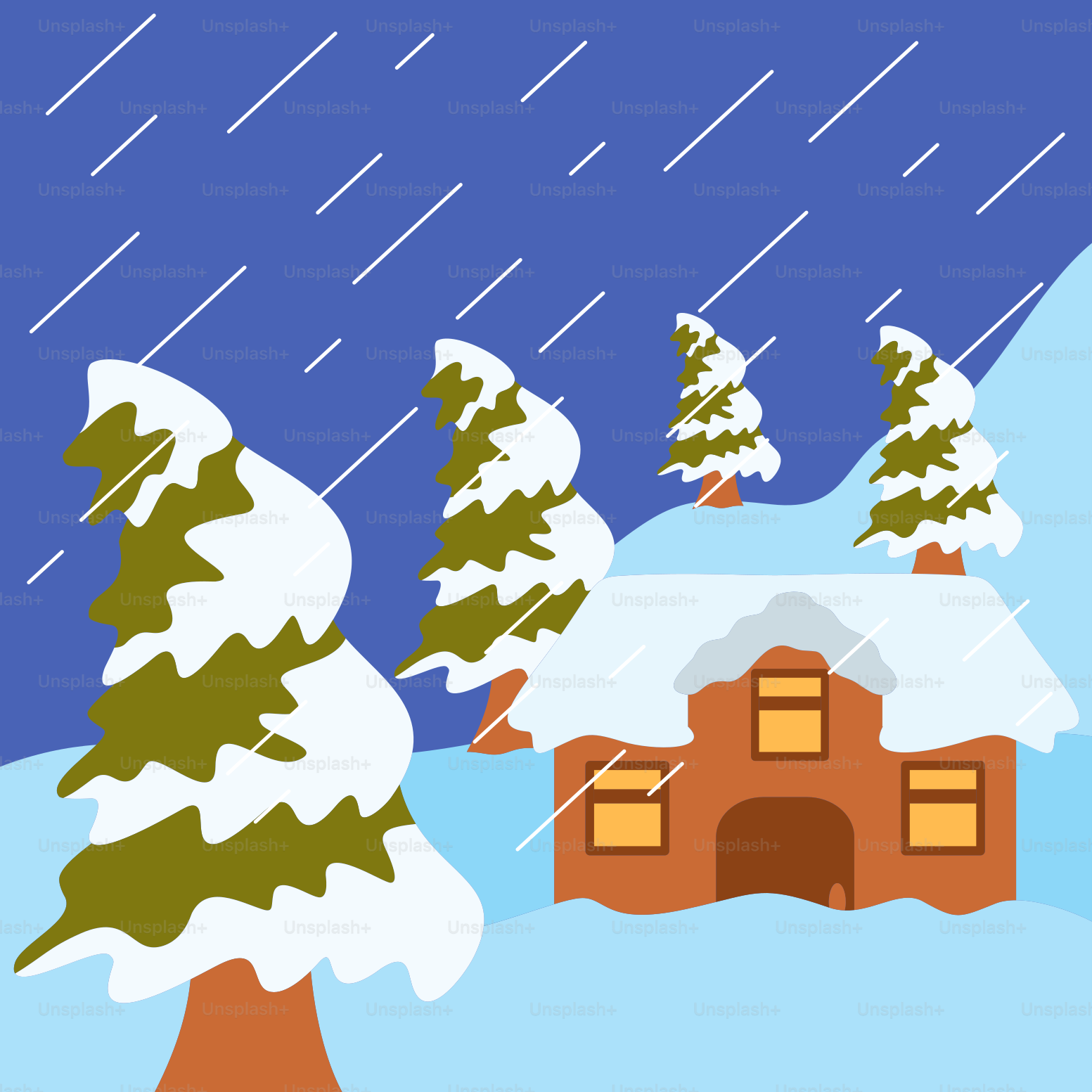 A snowy landscape with a house and trees