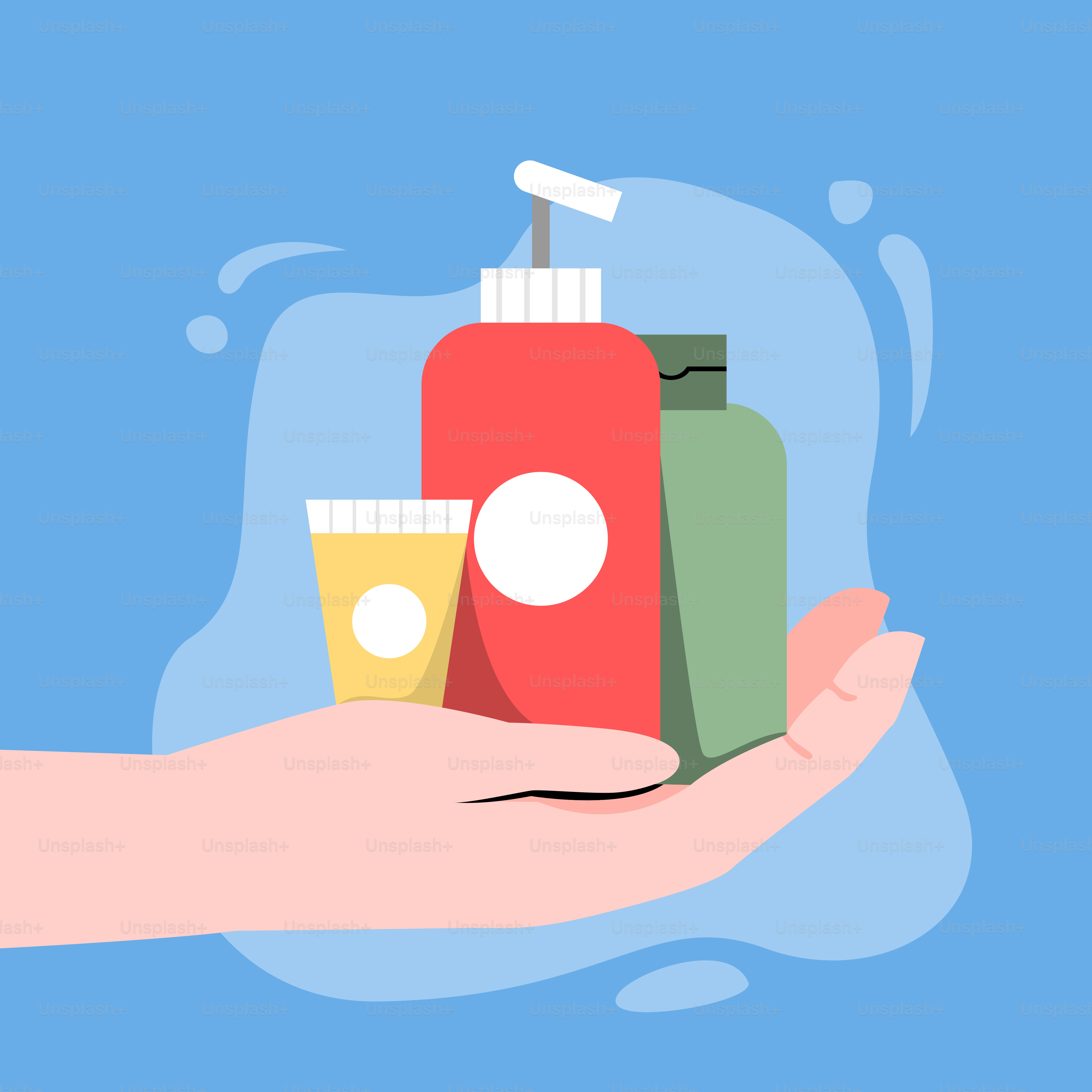 A hand holding a toothbrush, toothpaste and lotion bottles