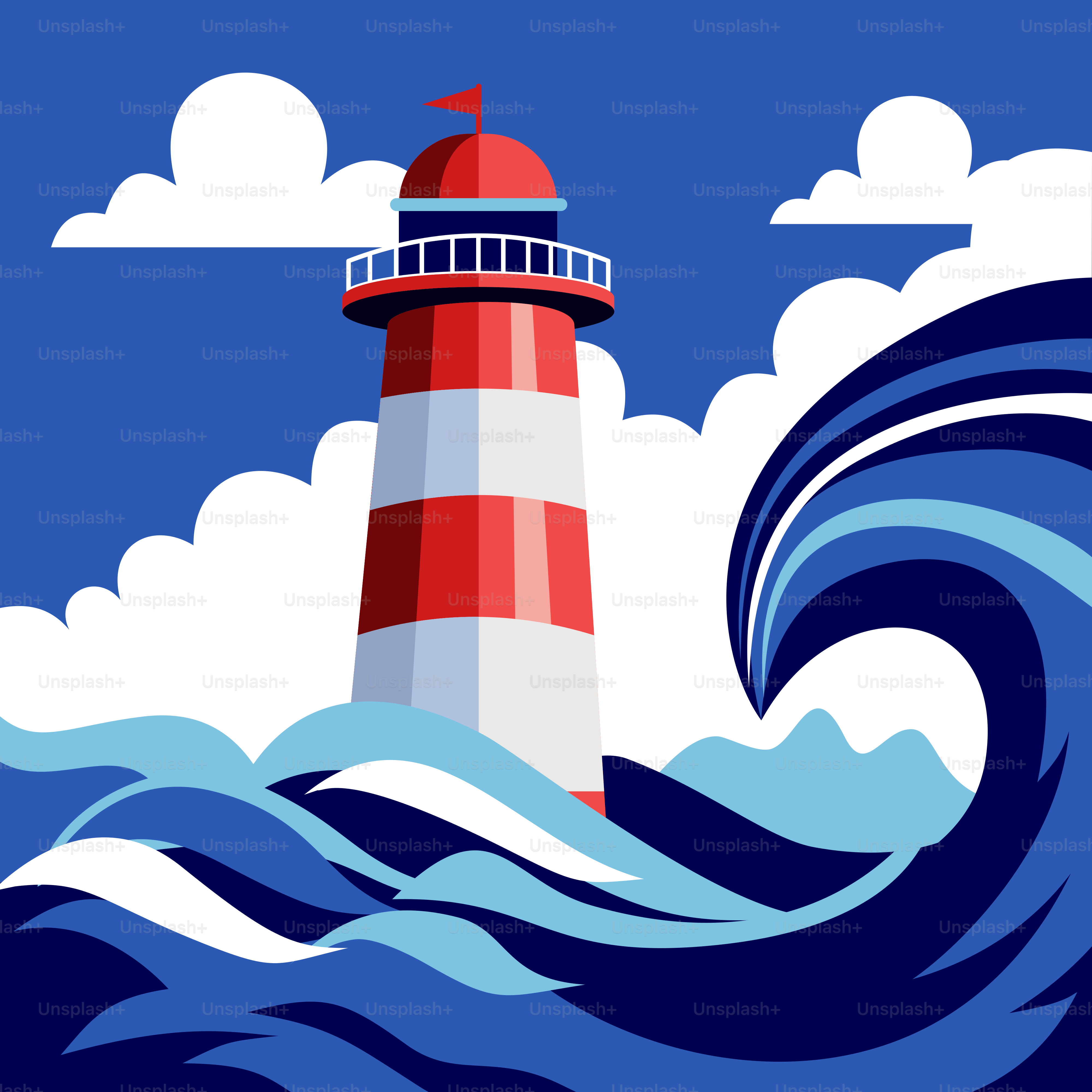 A red and white lighthouse surrounded by waves