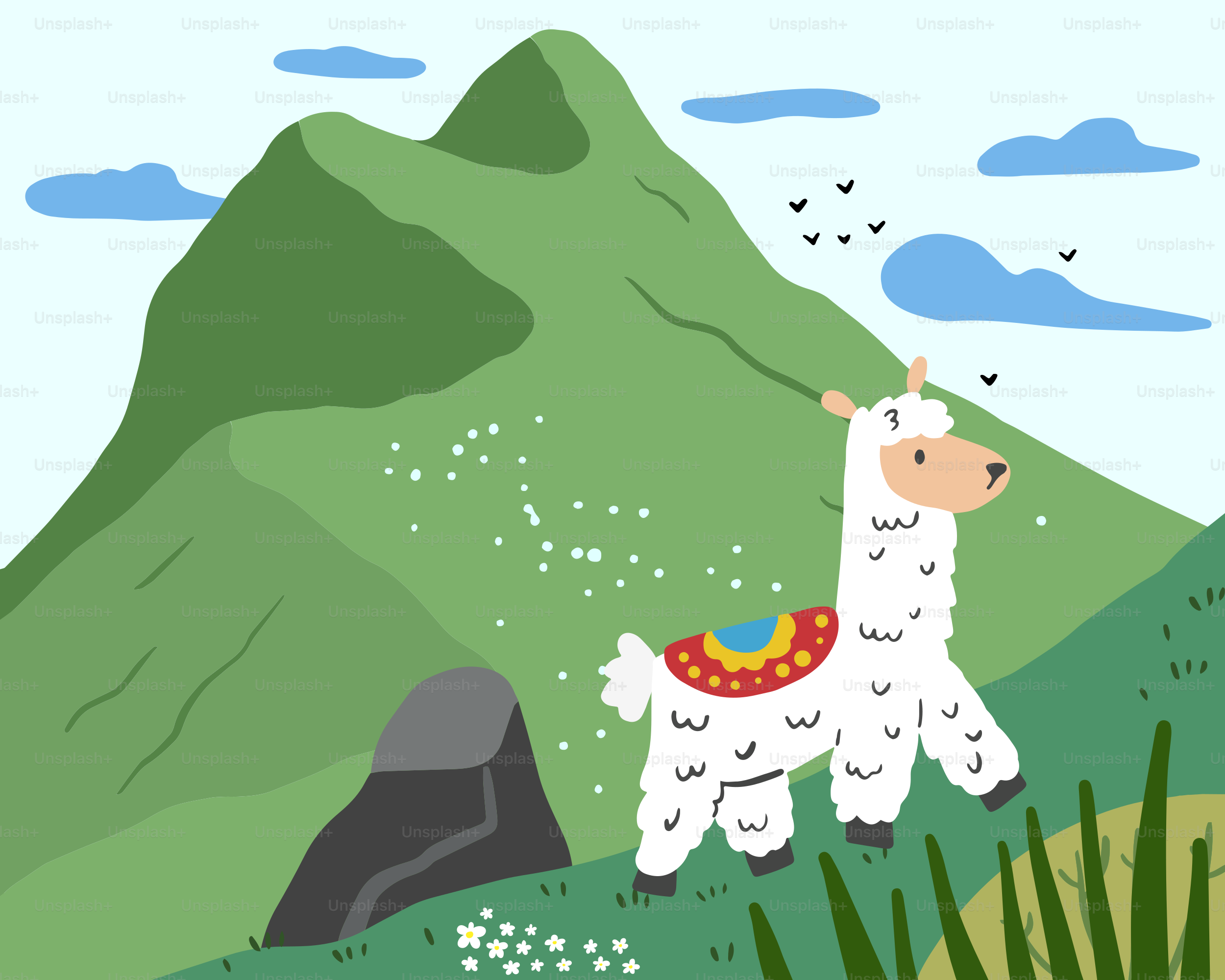 Una caricatura de una llama de pie en una colina