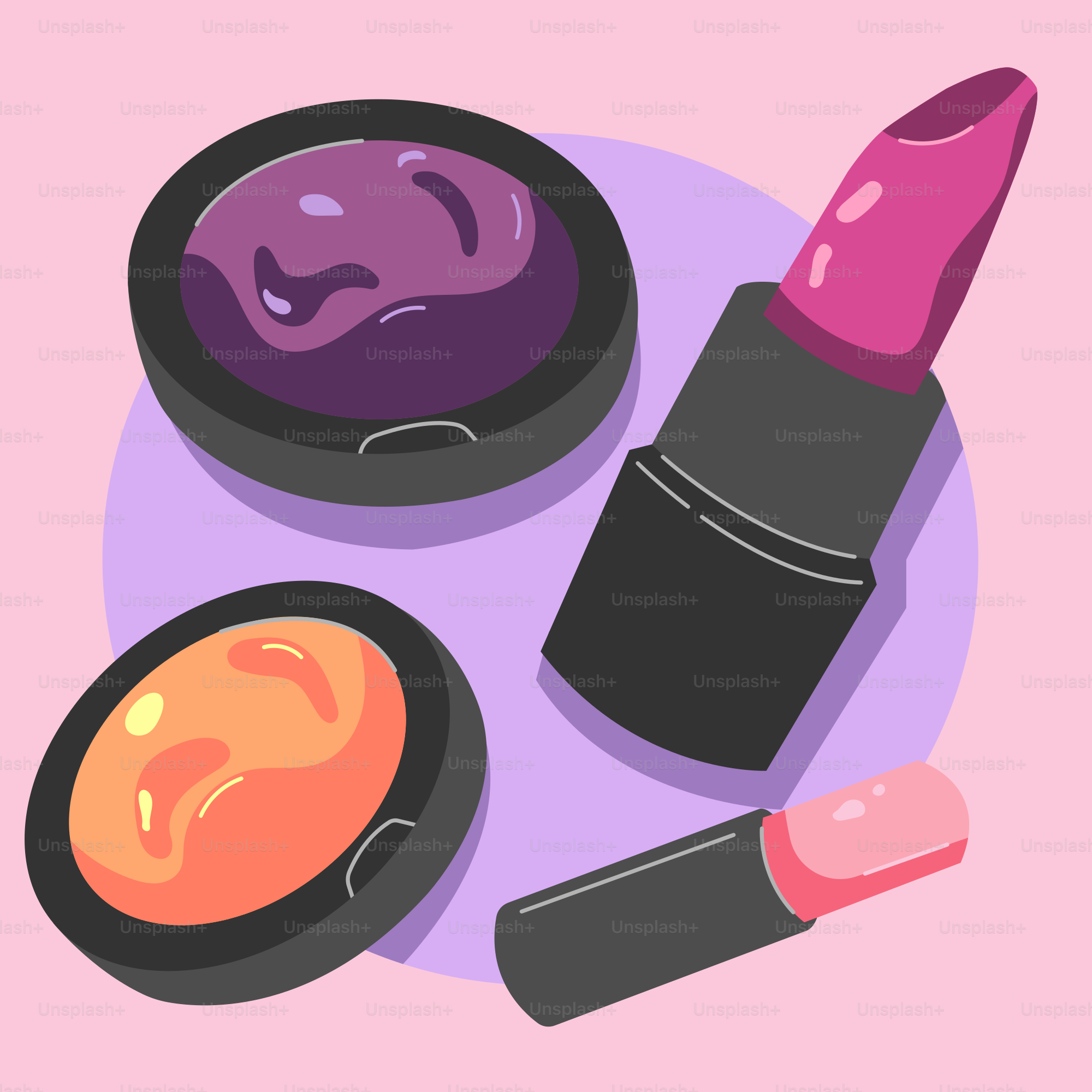 A pink background with a lipstick, a container of lipstick, and a container of