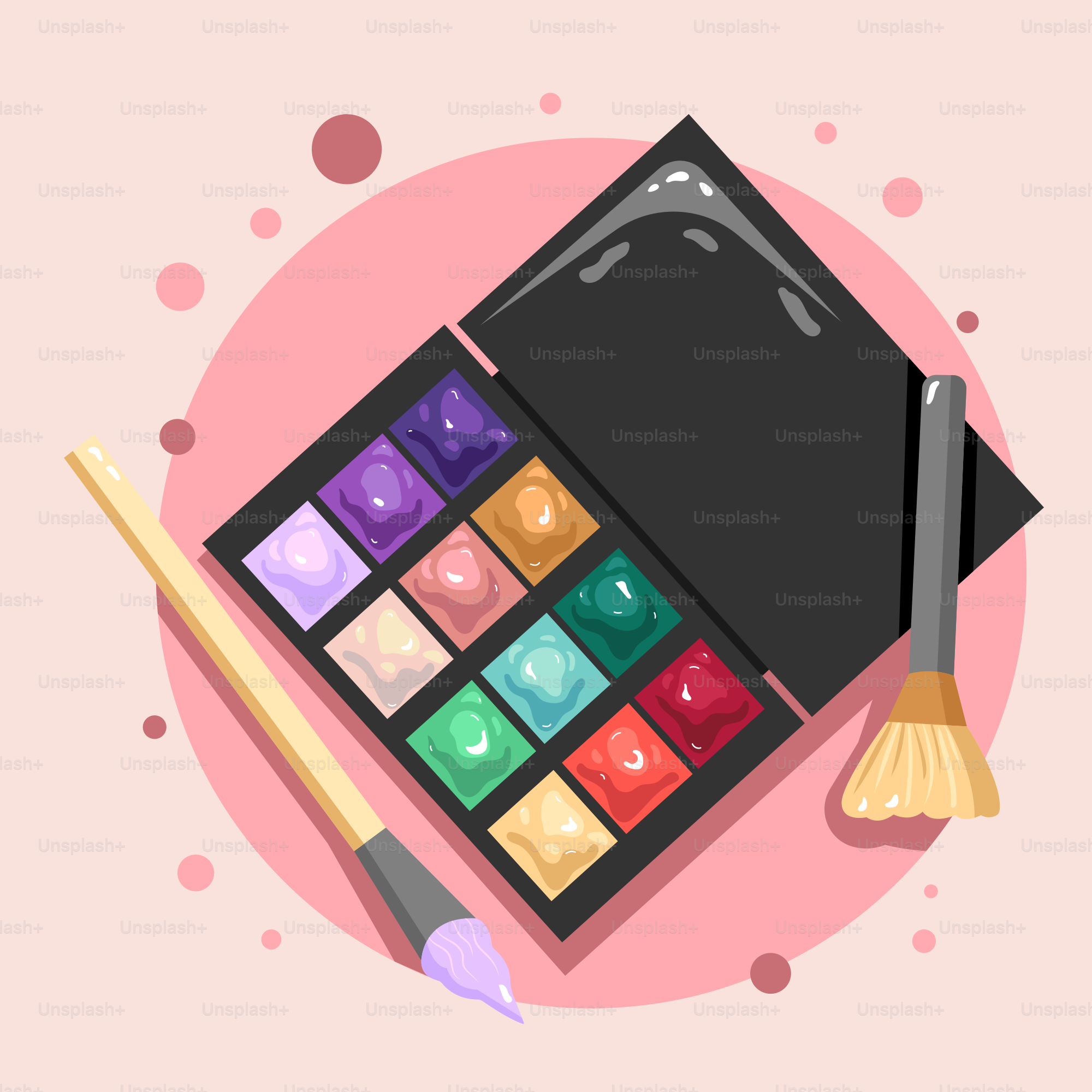 Uma paleta de maquiagem e um pincel em um fundo rosa