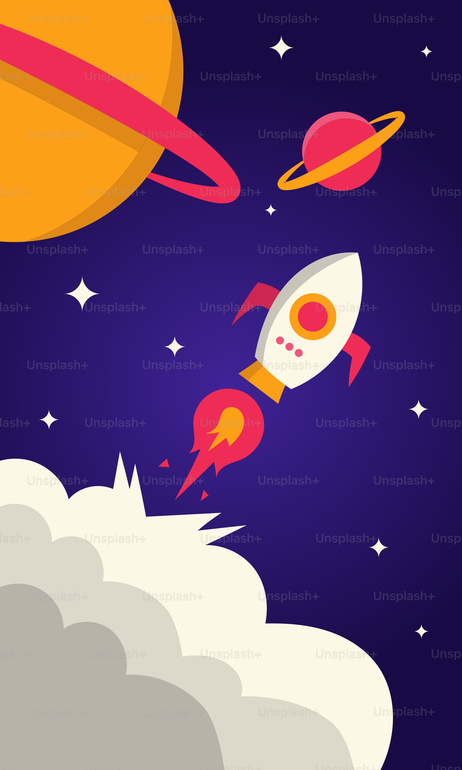 A rocket flying through the air next to a star filled sky