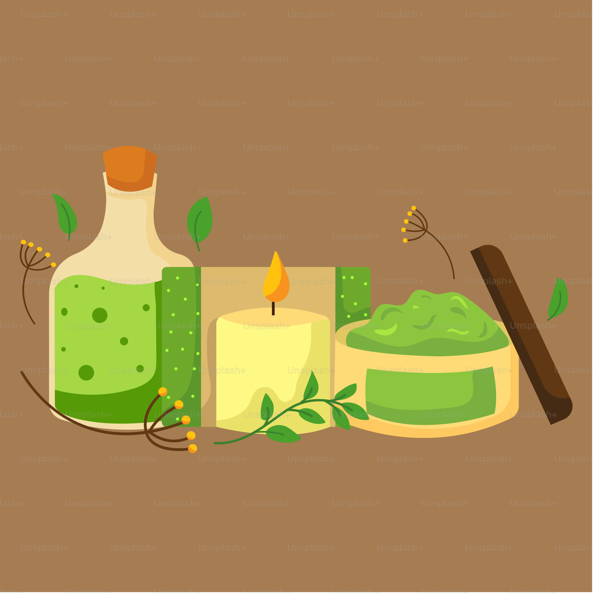 A bottle of green liquid next to a candle