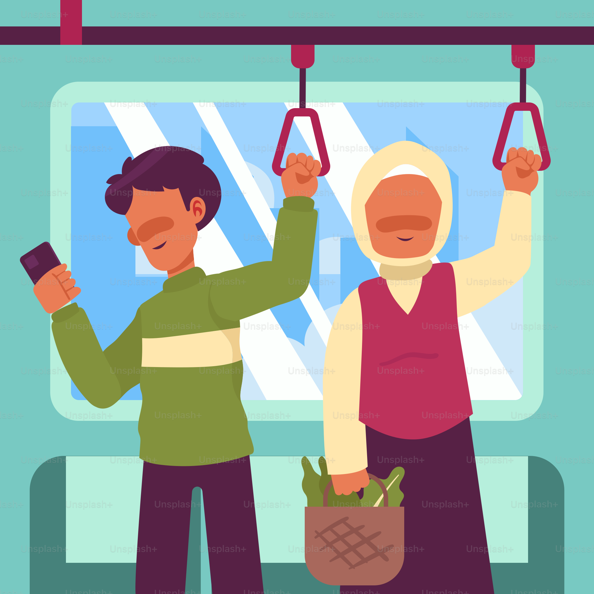 A couple of people standing on a train