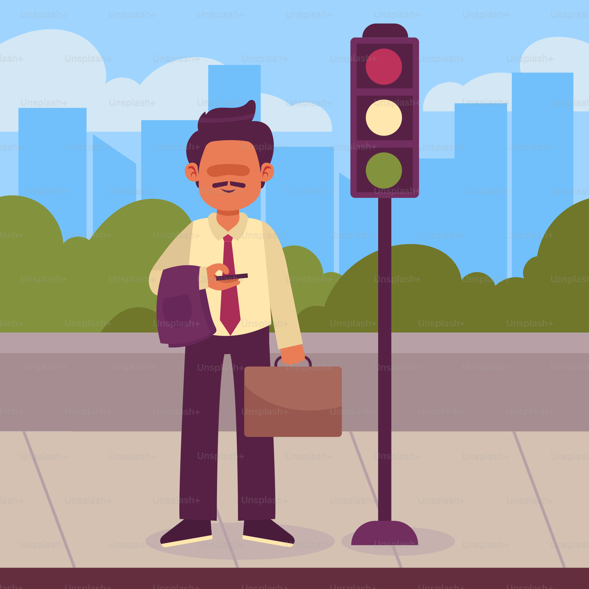 A man standing next to a traffic light holding a briefcase