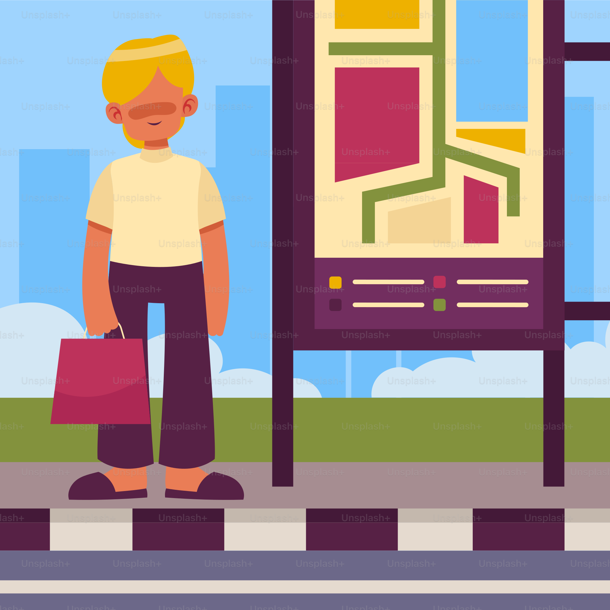 A man standing on the side of a road next to a bus stop