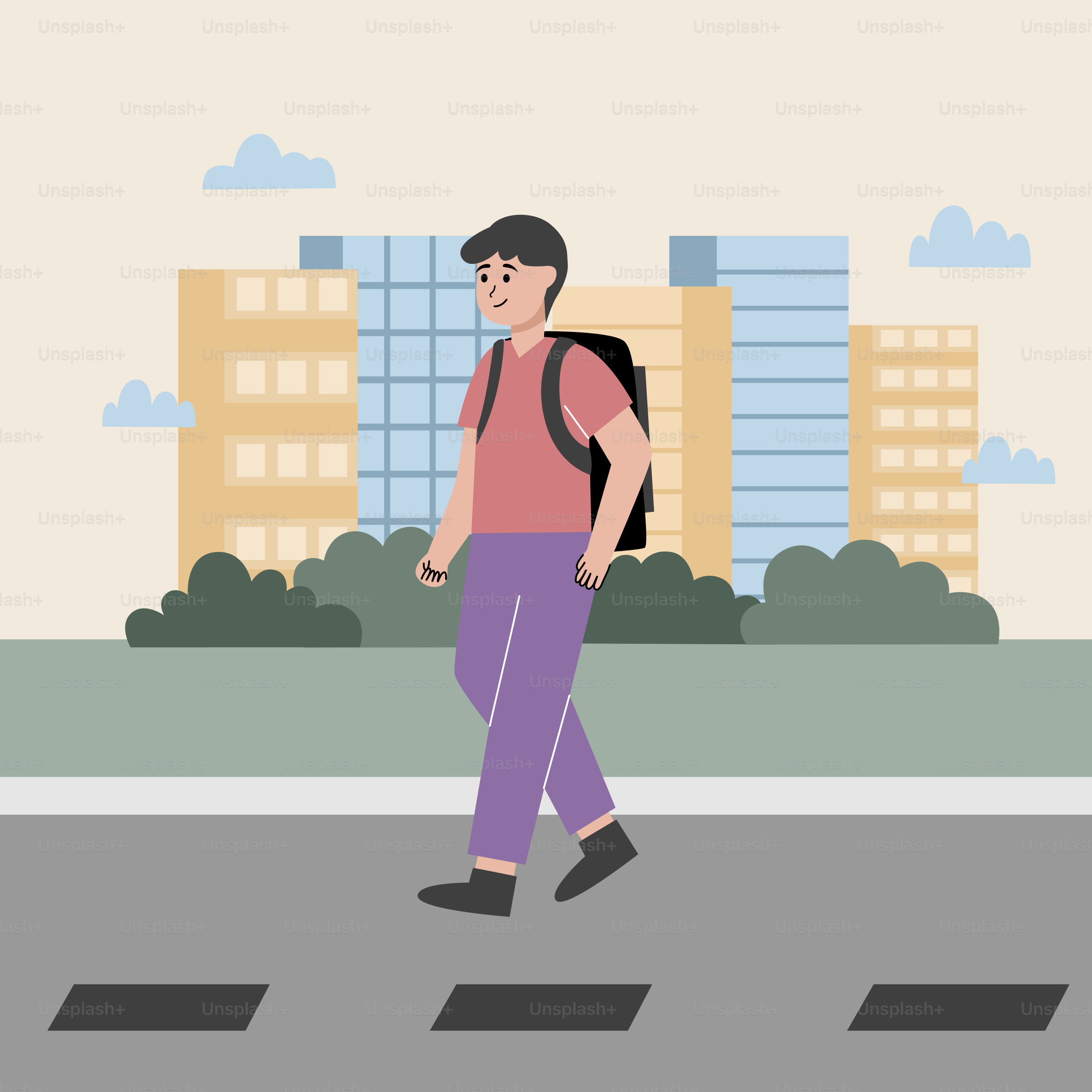 A man with a backpack walking across a street