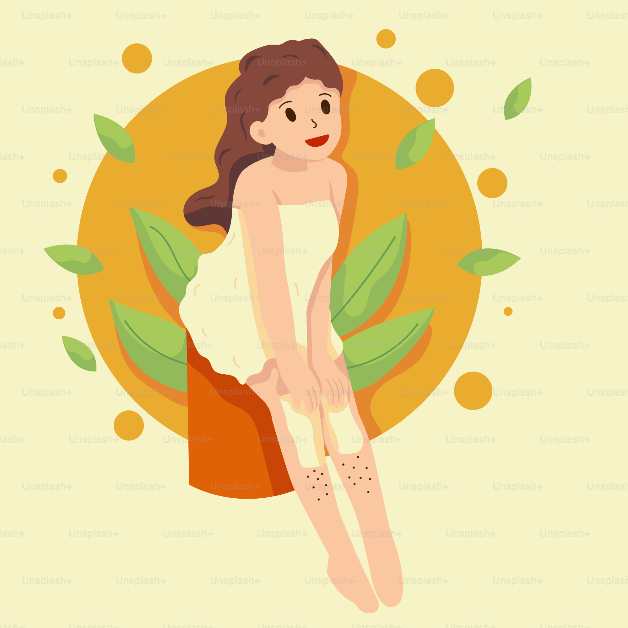 Eine Frau in einem weißen Kleid mit grünen Blättern um sich herum