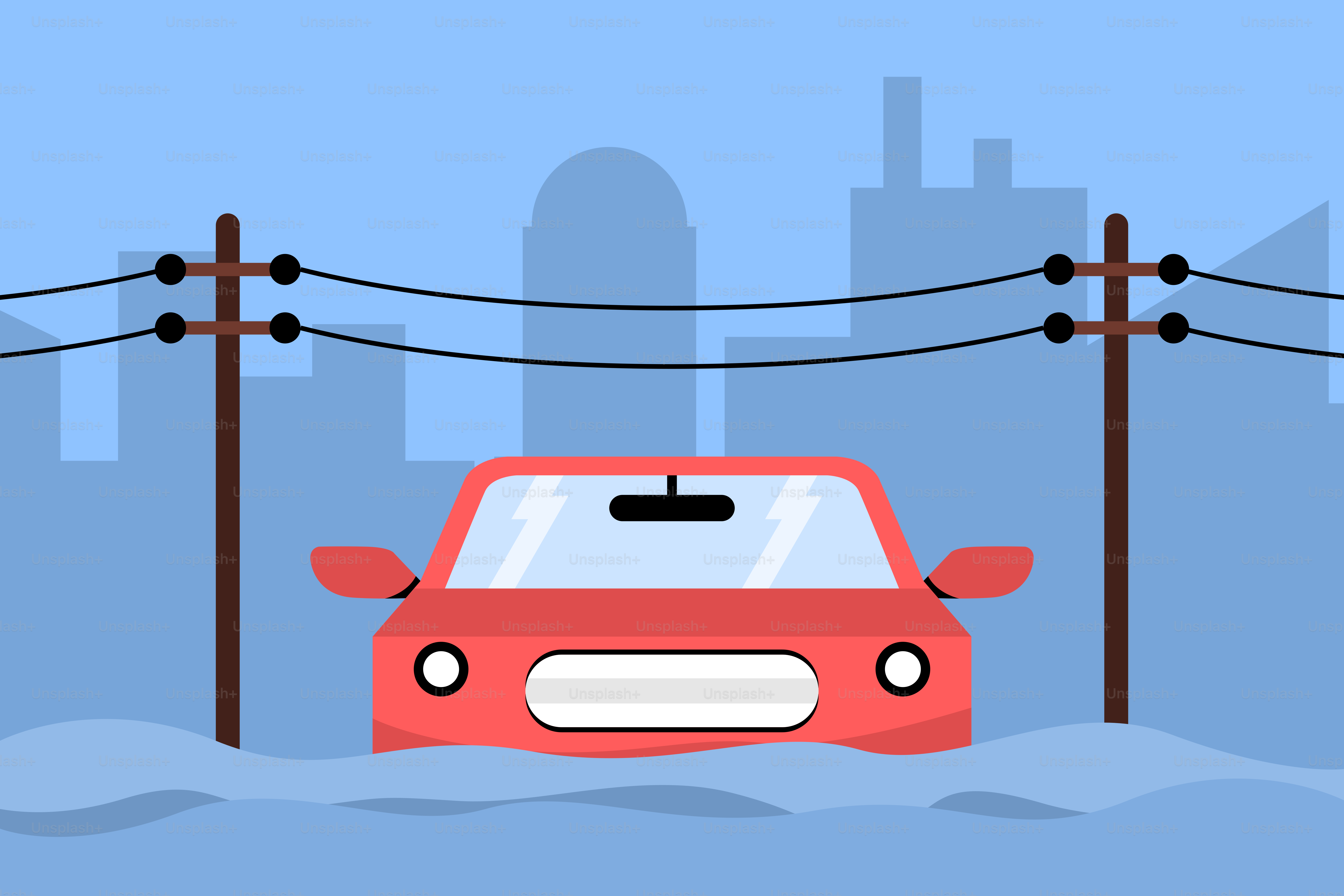 A red car driving through a flooded street