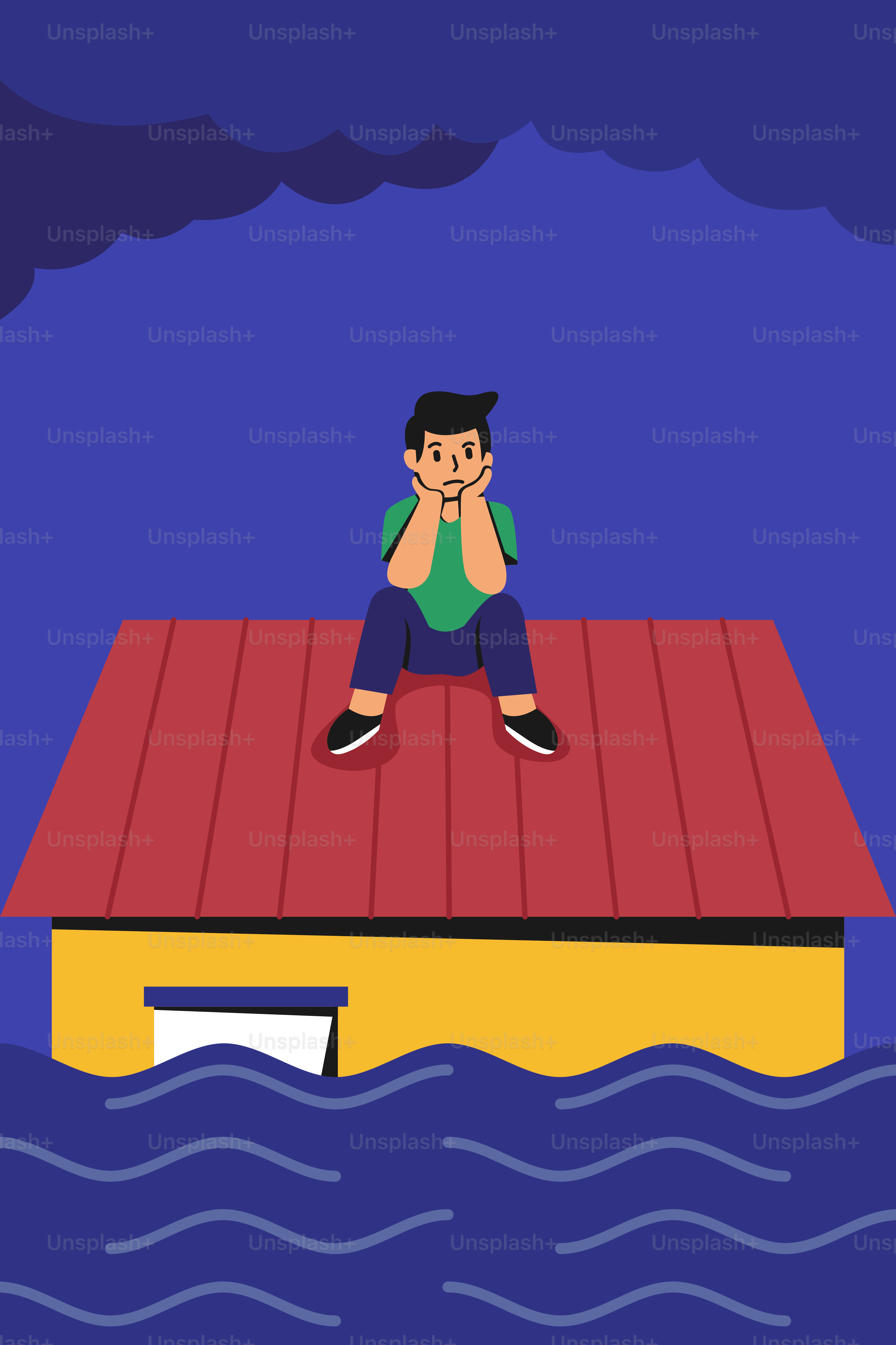 Un hombre sentado sobre una casa flotante