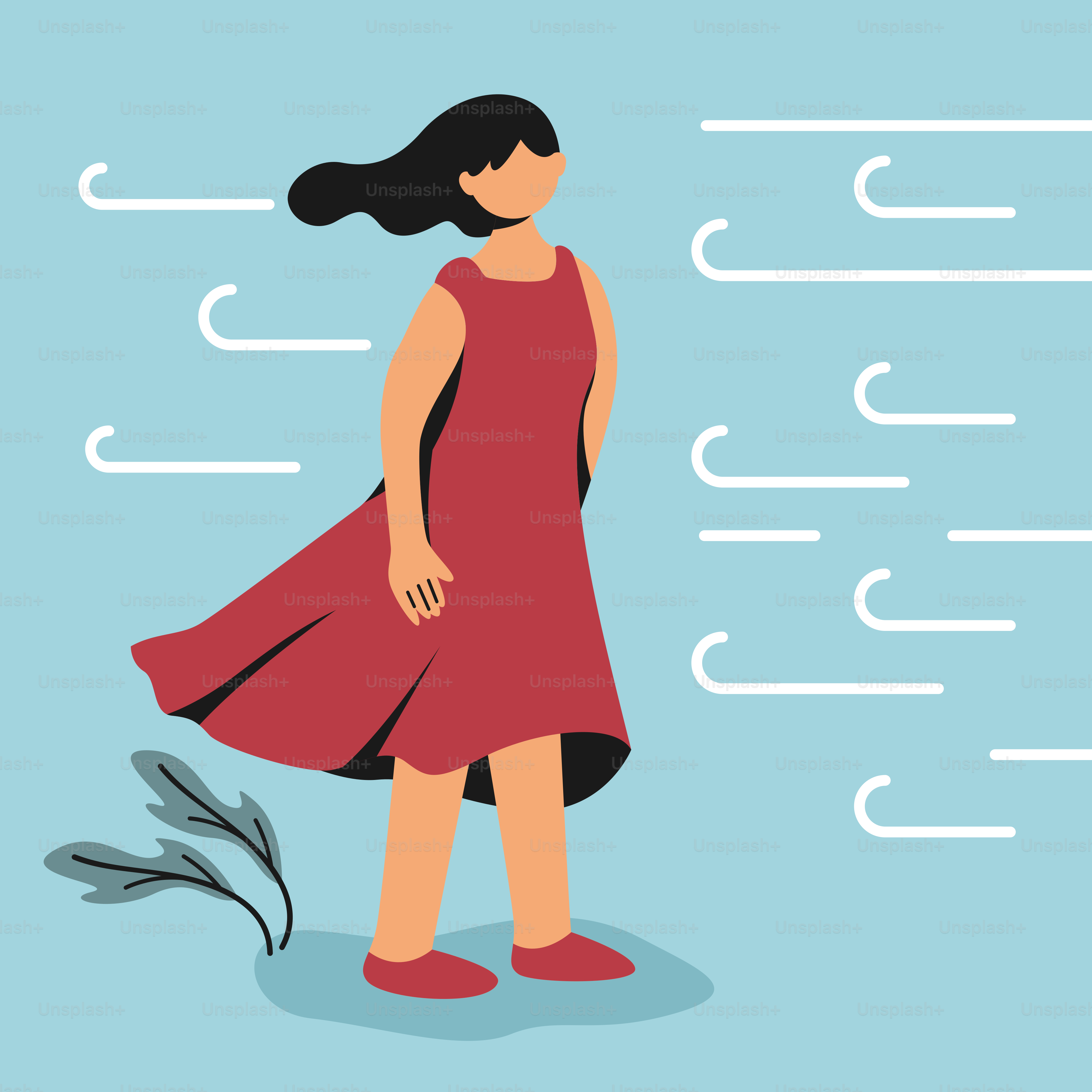 Una mujer con un vestido rojo de pie frente a un fondo azul