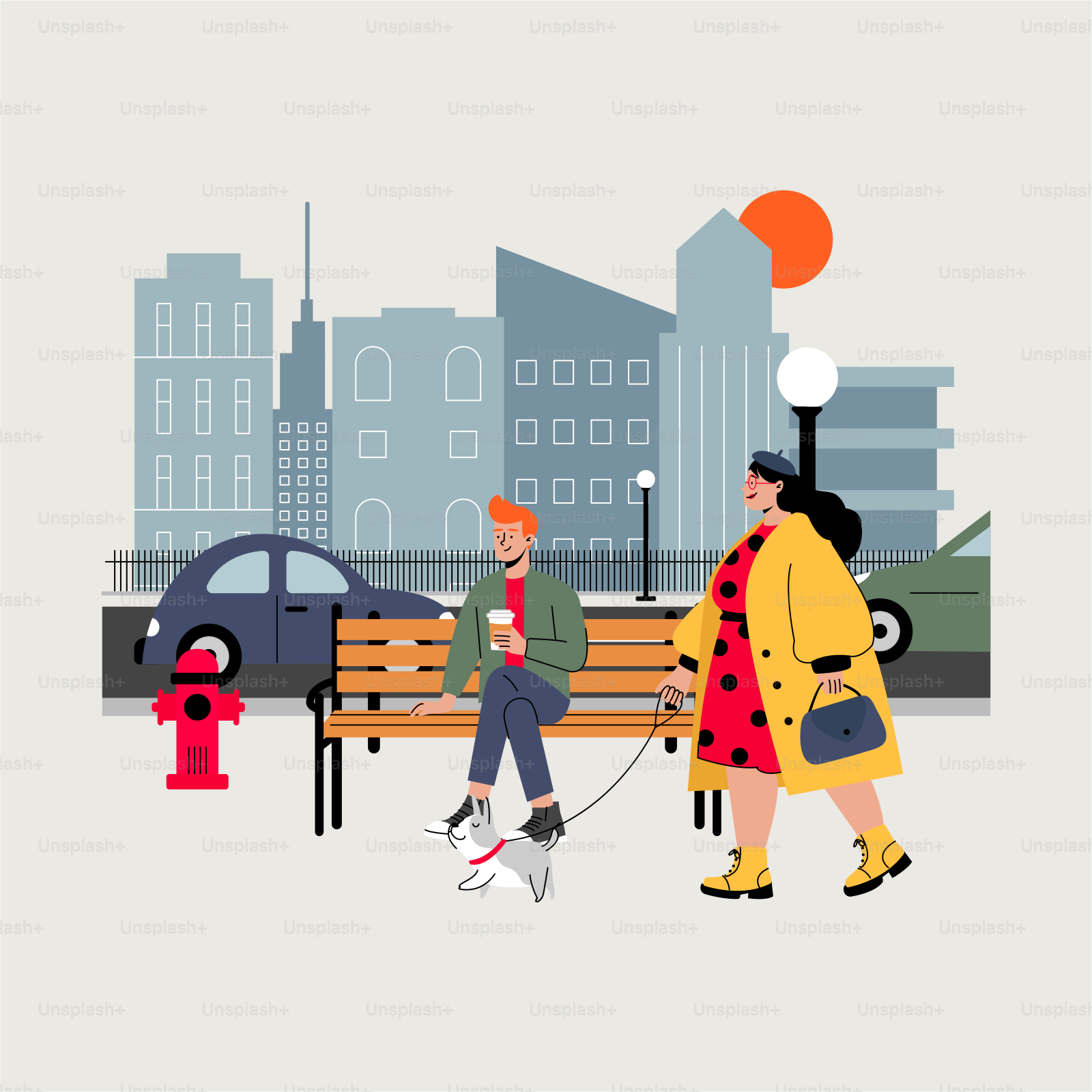 A couple of people walking a dog on a leash