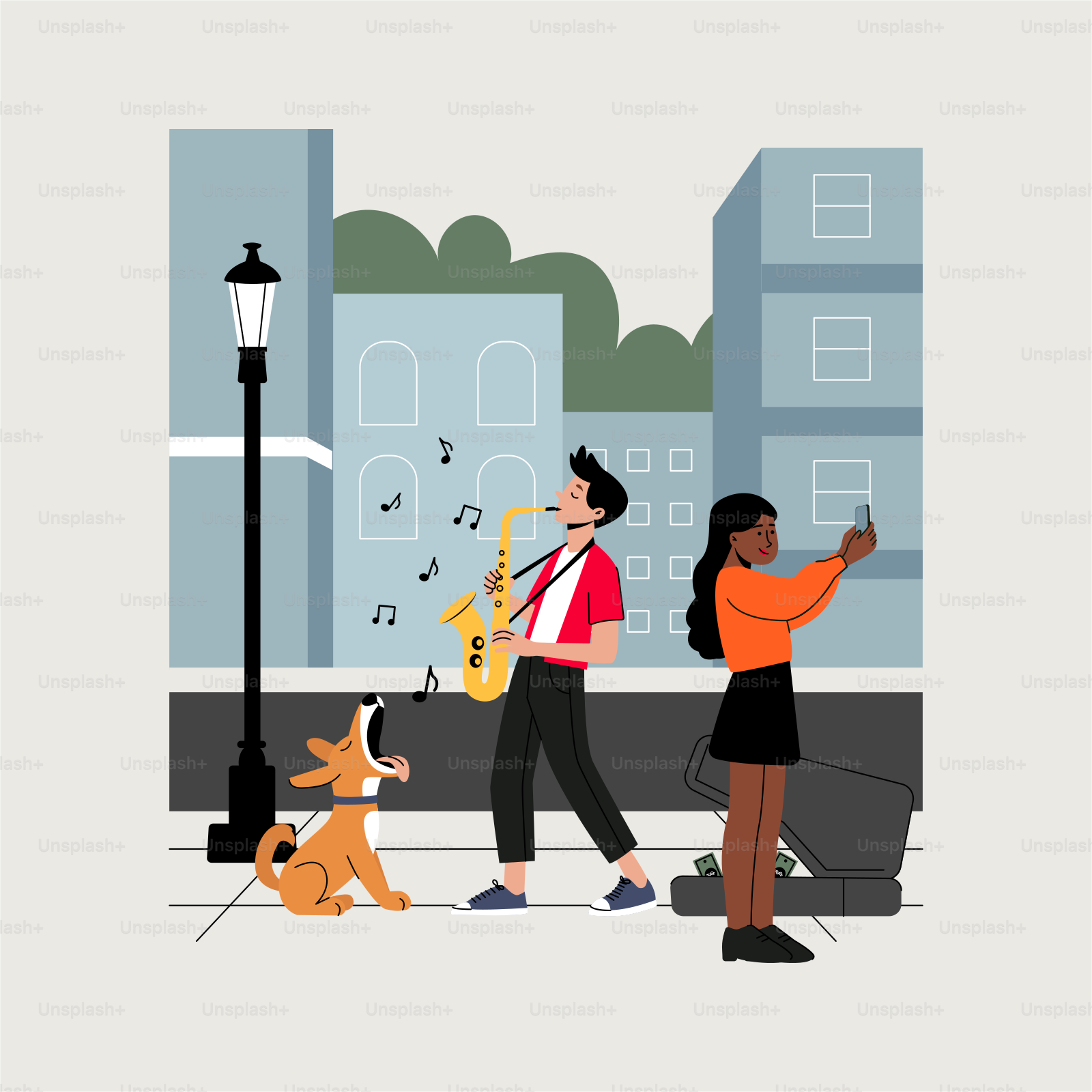 A couple of people that are standing near a dog