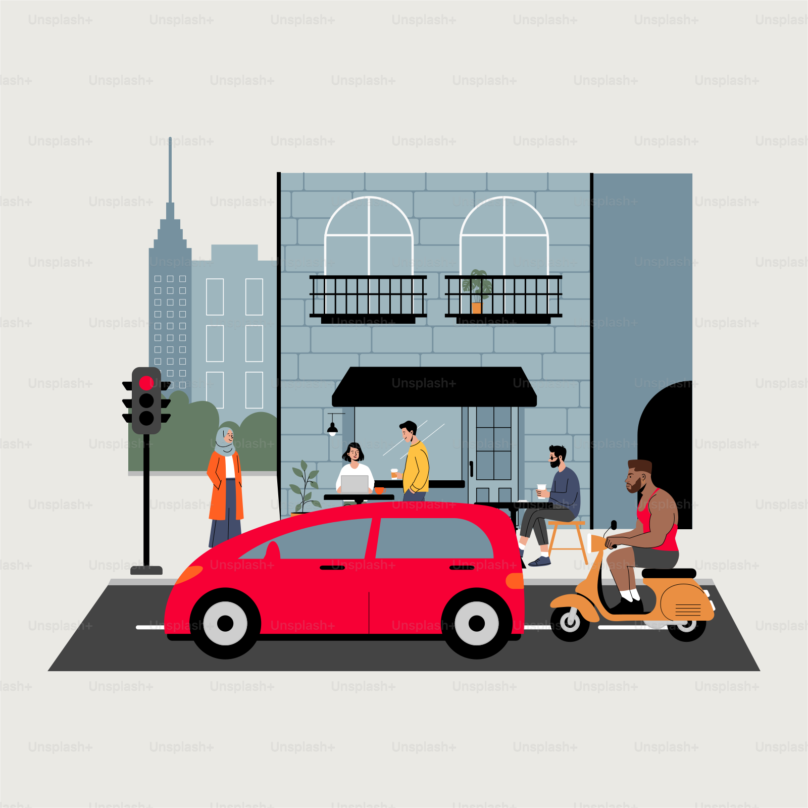 A red car driving down a street next to a tall building