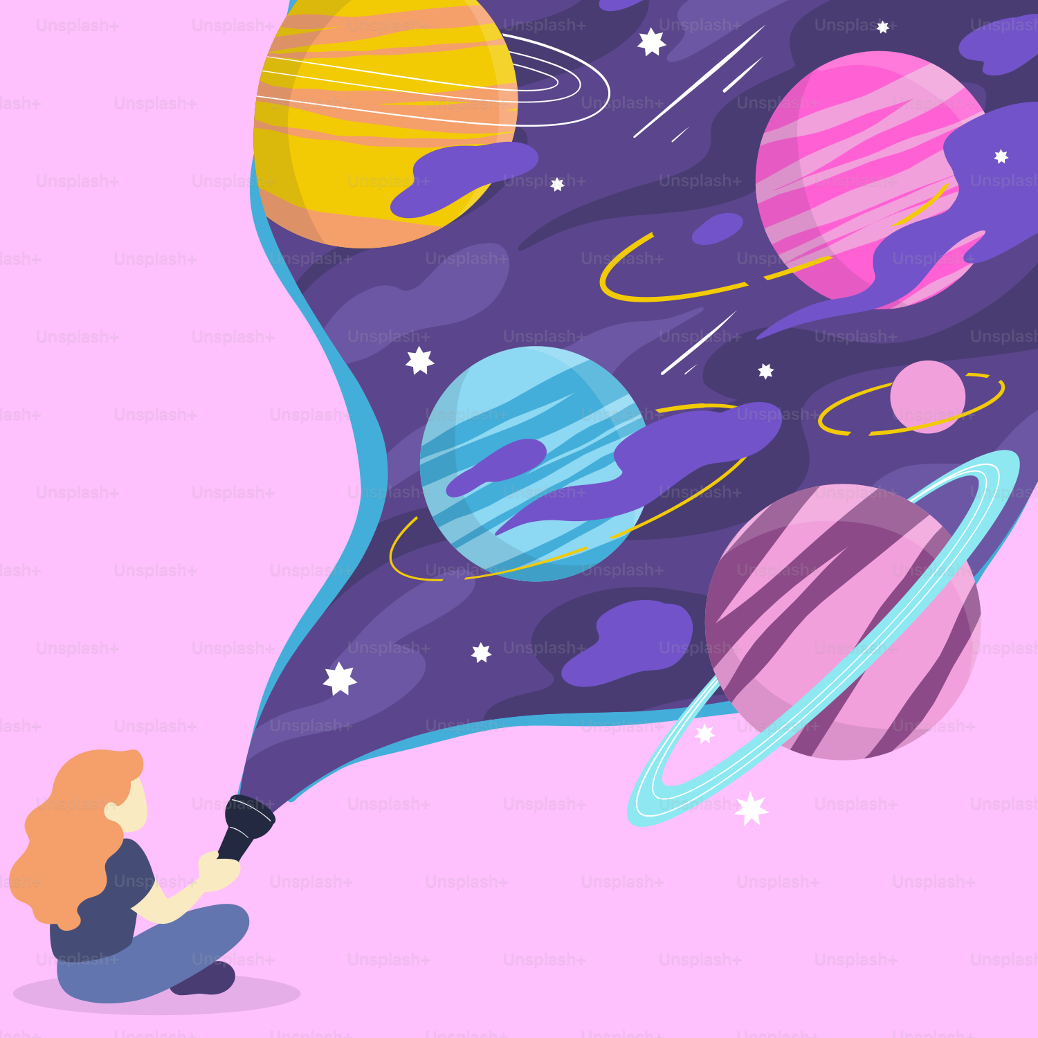 A person kneeling down to paint planets on a purple background