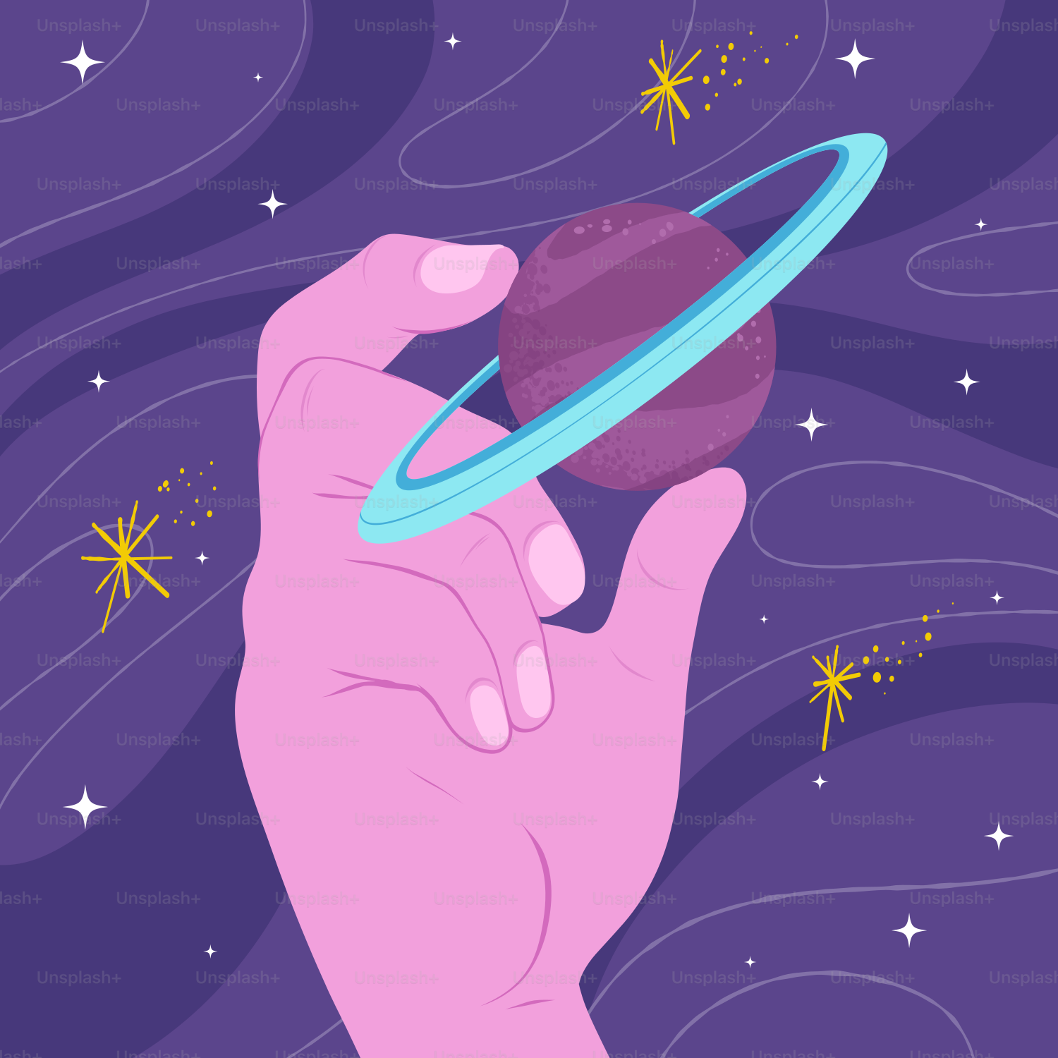 A hand holding a small object in front of stars
