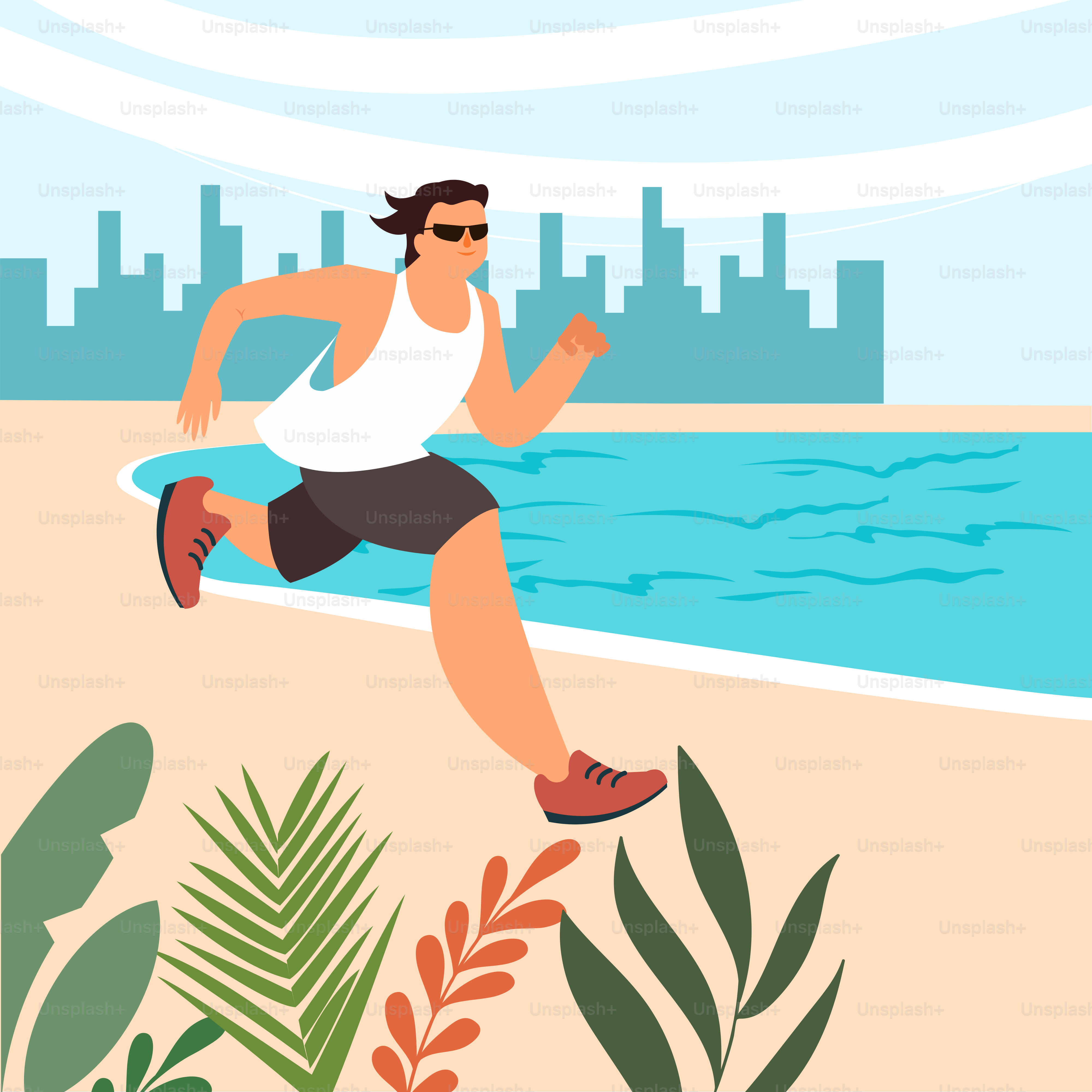 A man running on the beach with a city in the background
