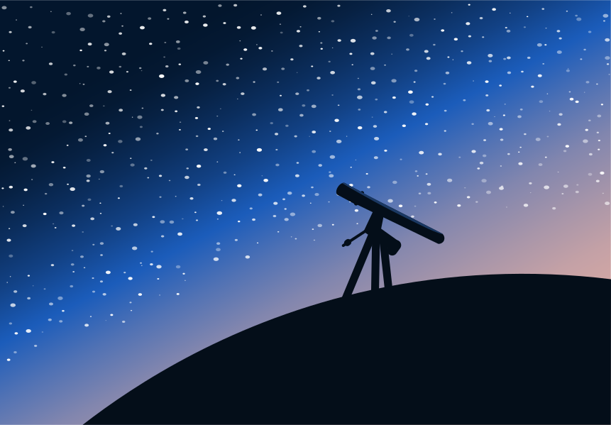 밤하늘 아래 언덕 위에 앉아 있는 망원경