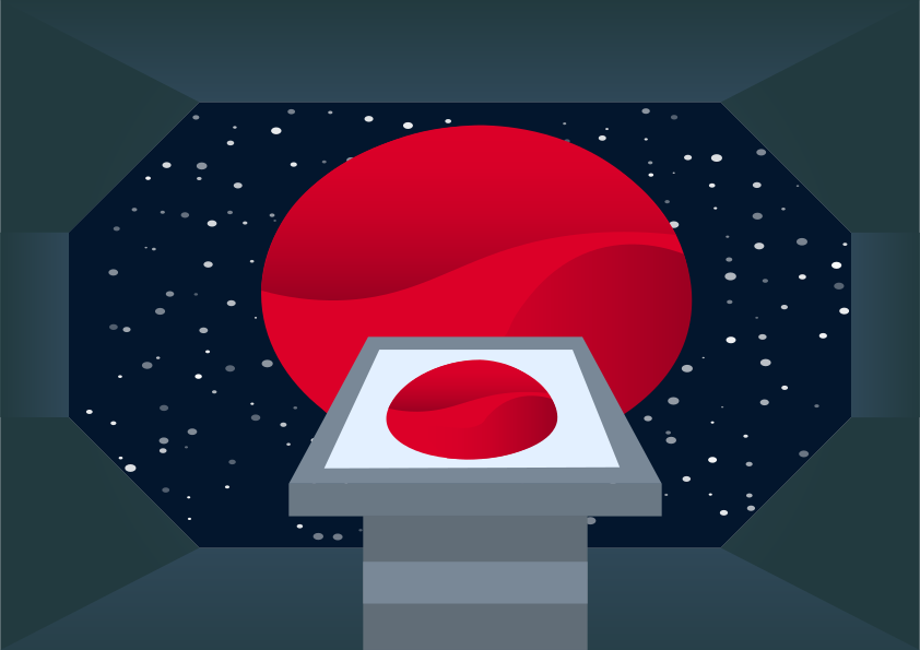 A flat screen TV with a red ball on top of it