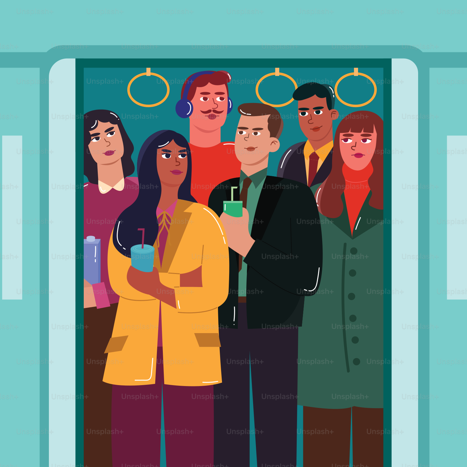 A group of people standing on a train