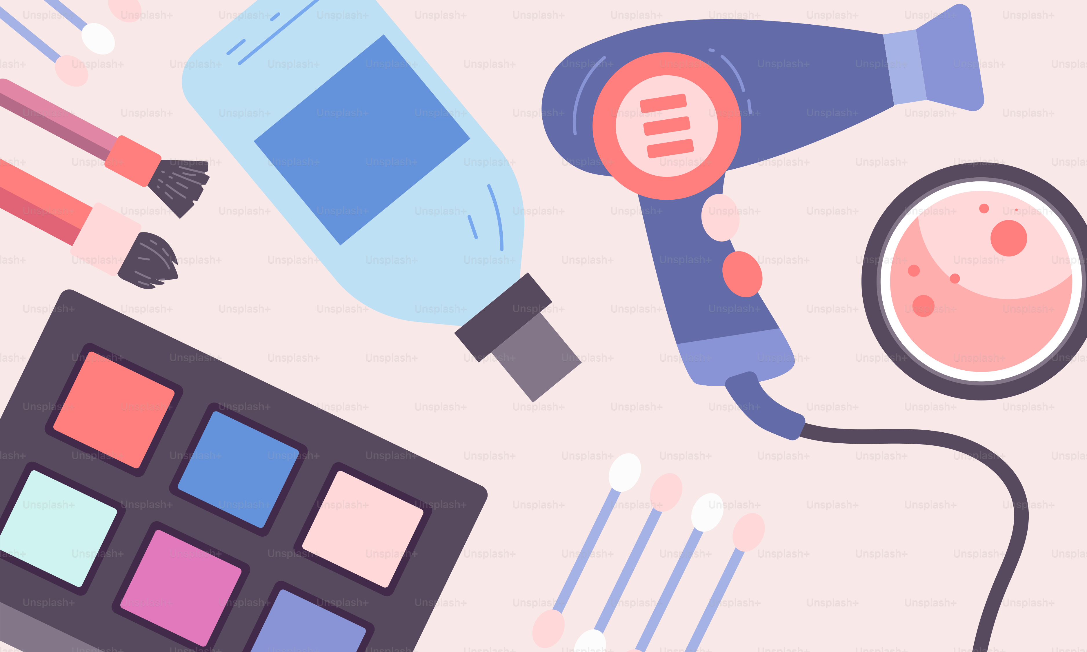 A pink background with a hairdryer, a brush, a mirror, a