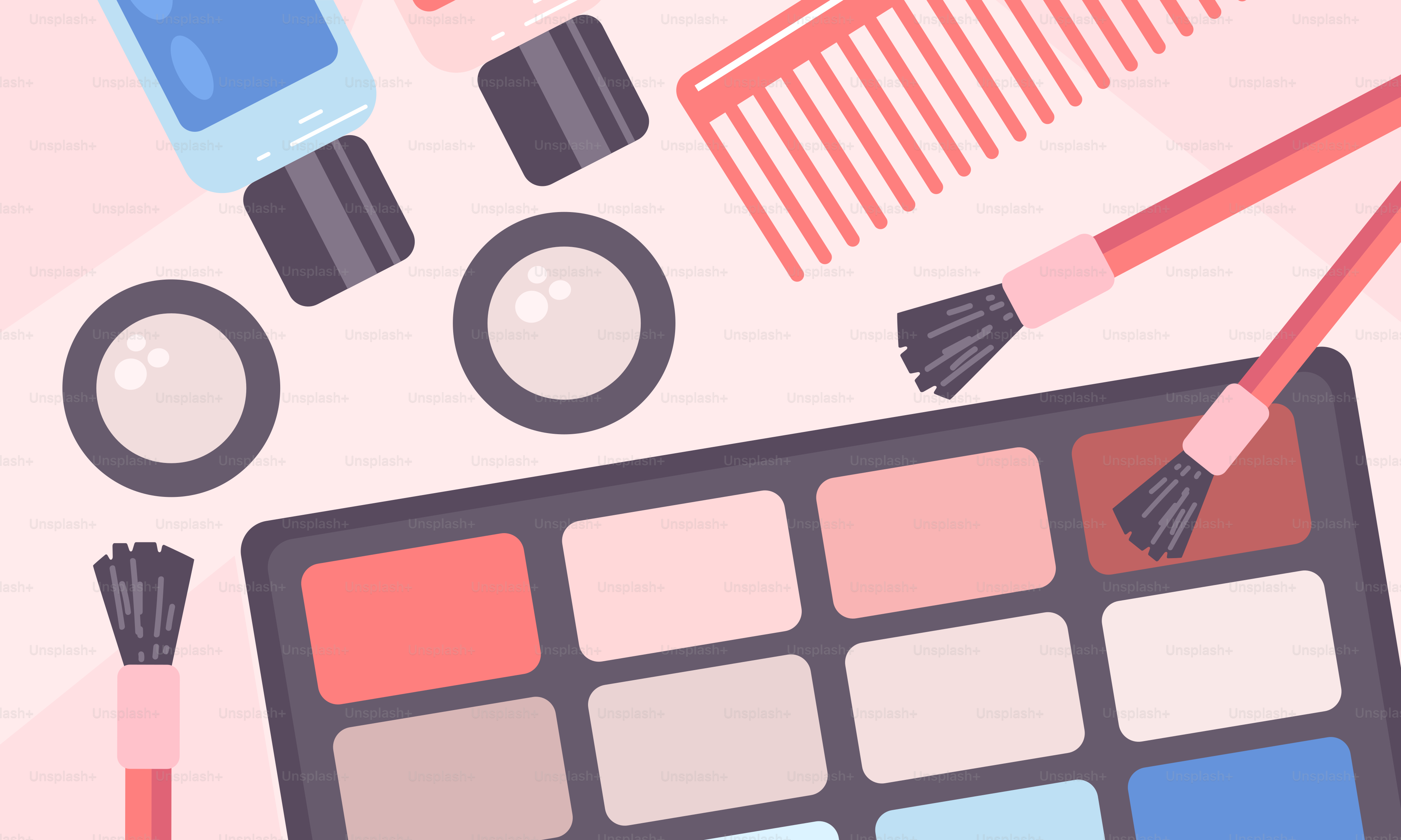 Uma camada plana de maquiagem e acessórios sobre um fundo rosa