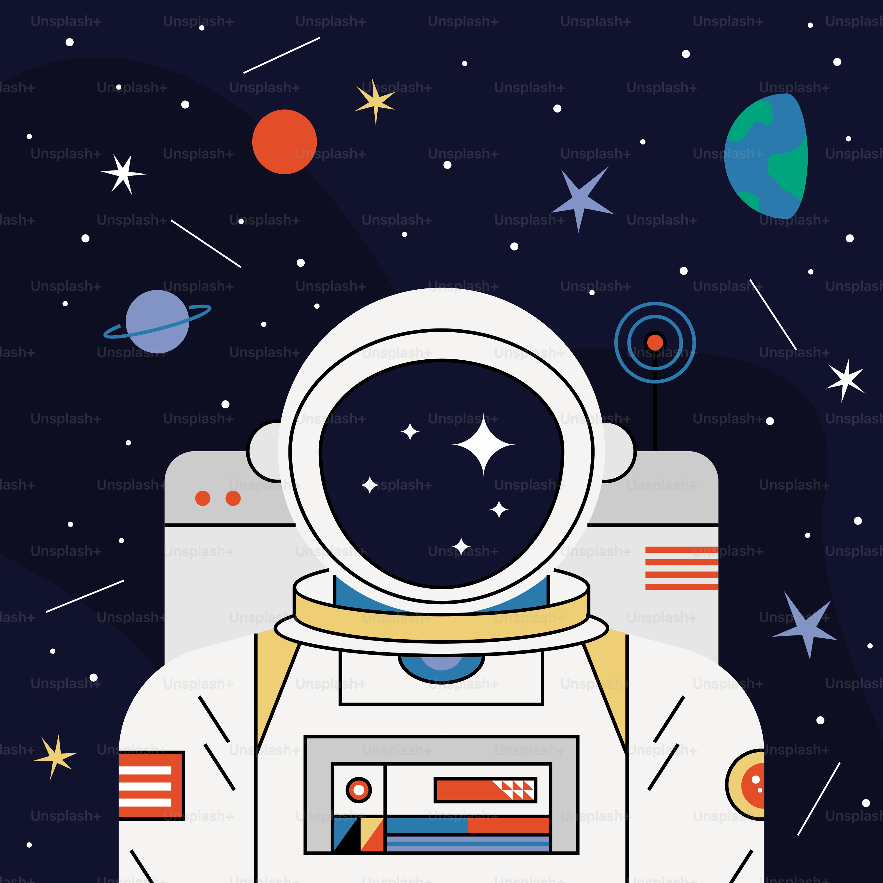 An astronaut in a space suit surrounded by stars and planets