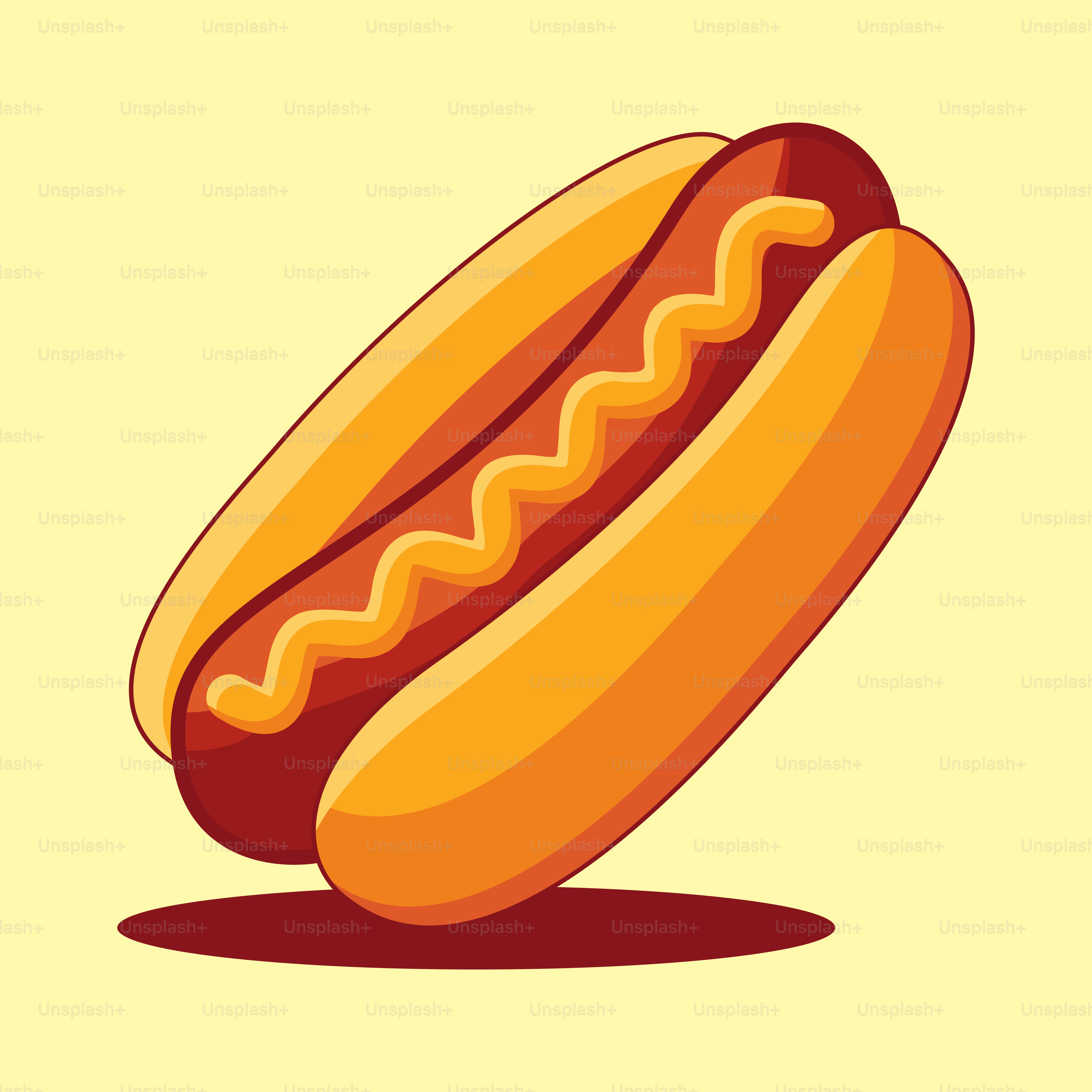 Un hot-dog avec du ketchup sur fond jaune