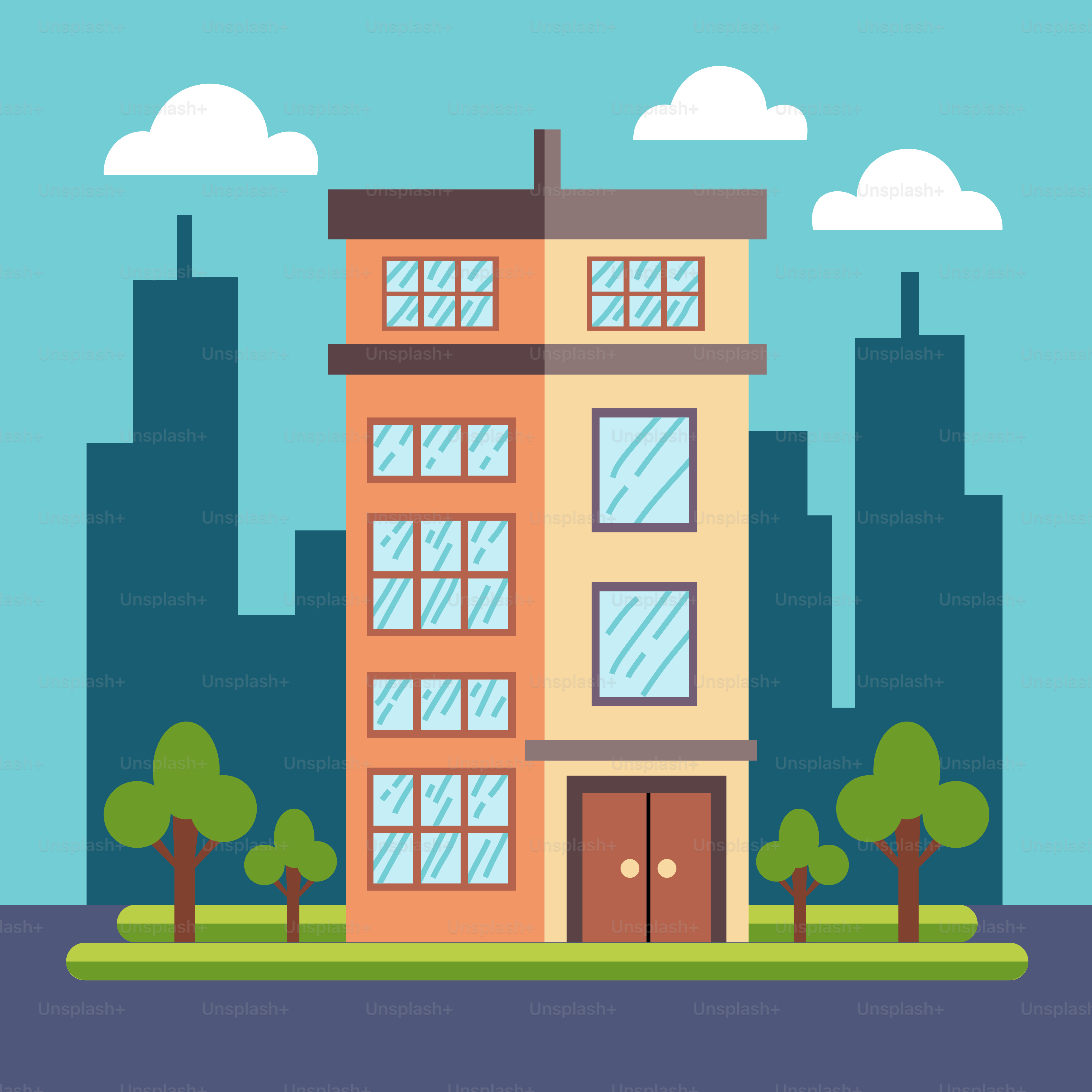 A building with trees and buildings in the background