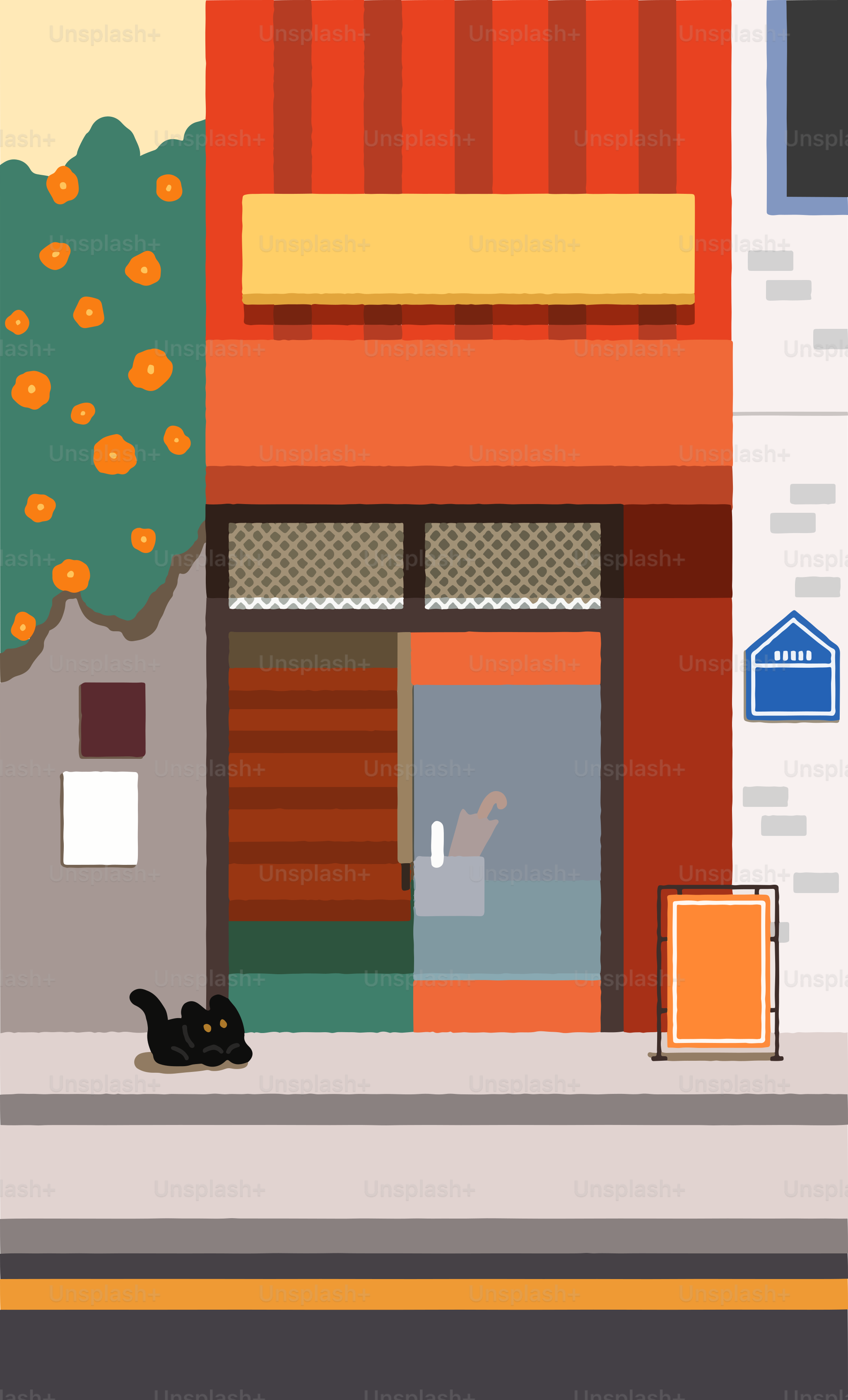 A cat is sitting outside of a building