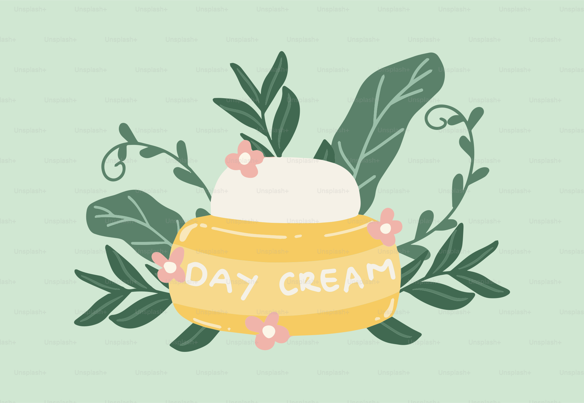 A jar of cream with leaves and flowers around it