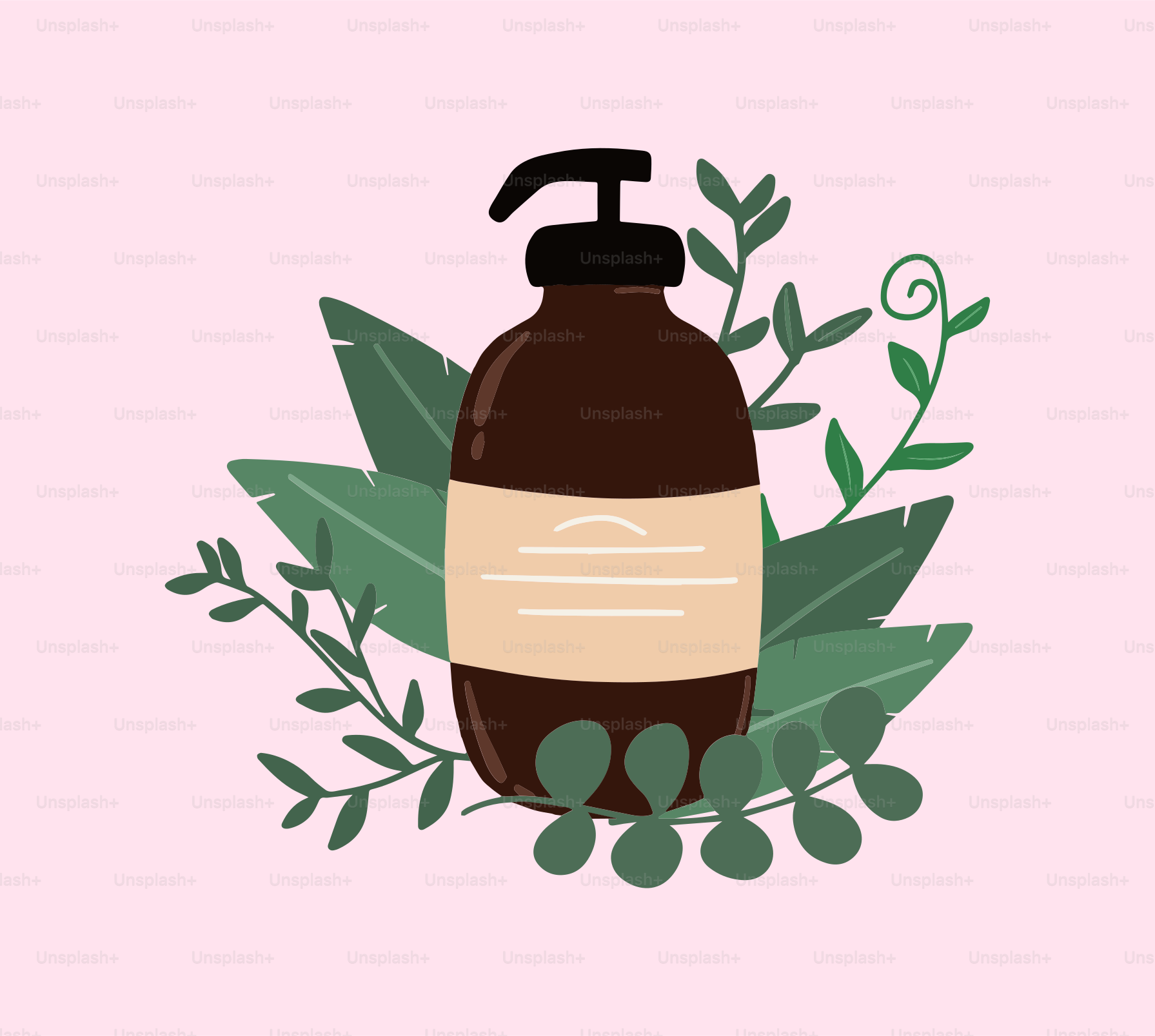 A bottle of lotion sitting on top of a green plant