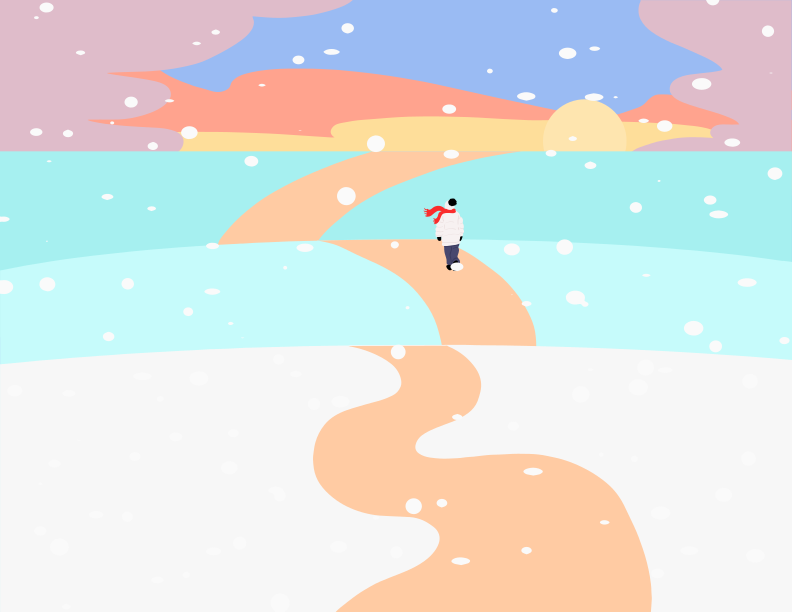 A person walking down a snow covered road