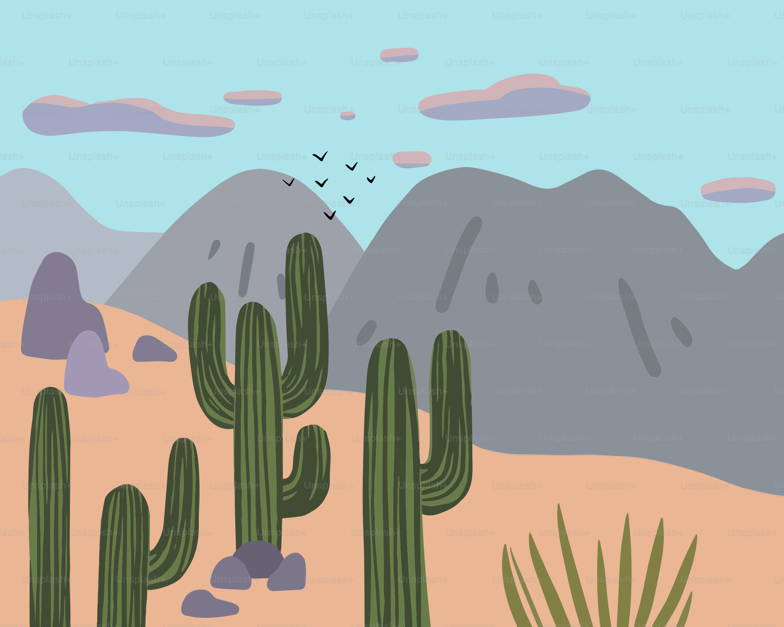 A desert scene with a cactus and mountains in the background