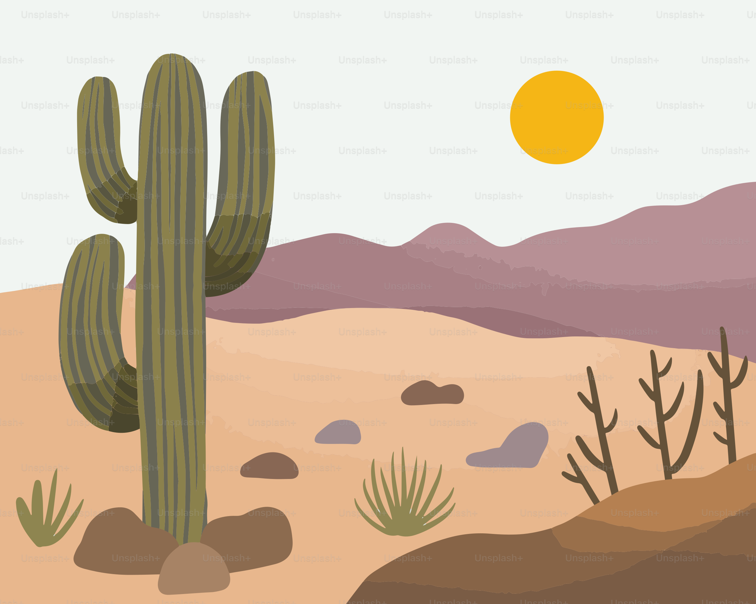 A desert scene with a cactus and mountains