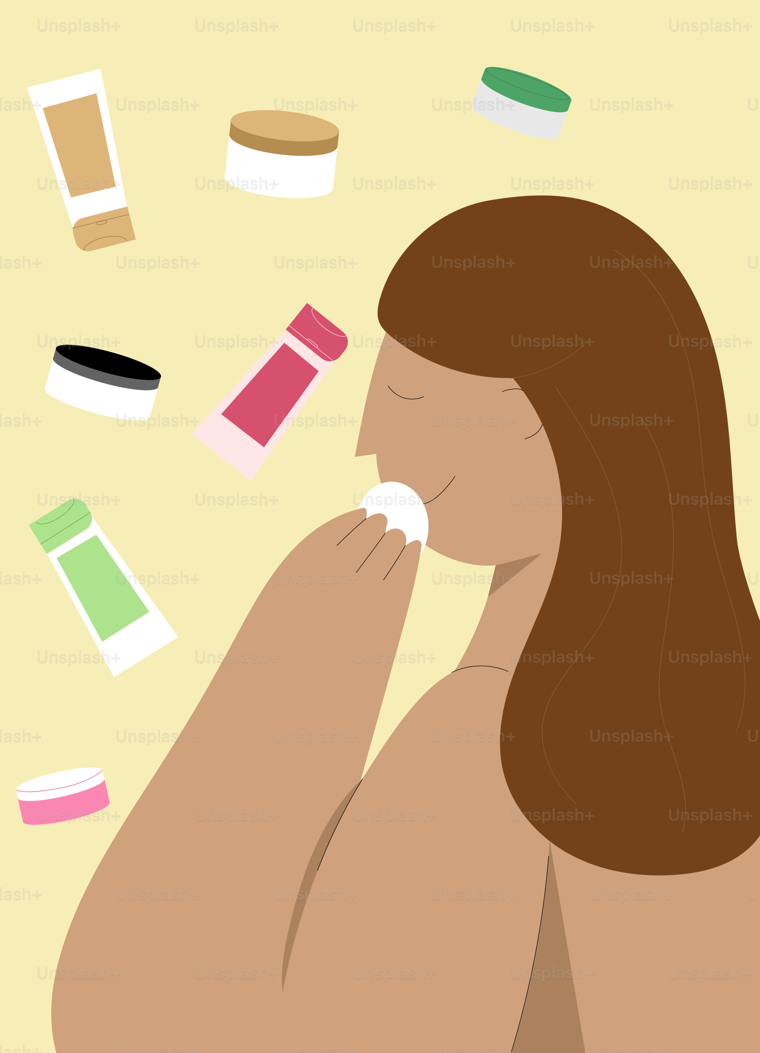 A woman with her back to the camera, surrounded by cosmetics and cosmetics products