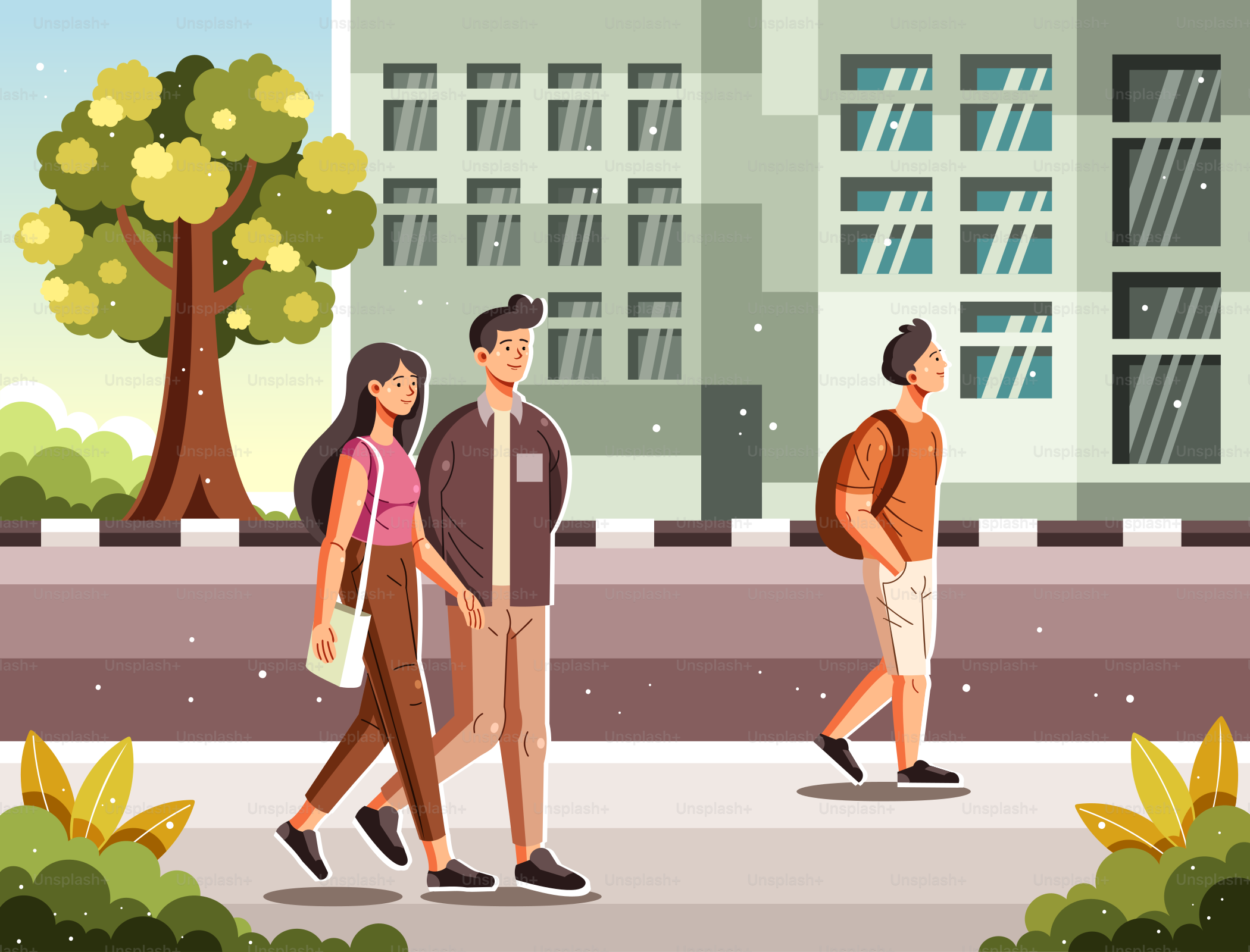 A group of people walking down a street