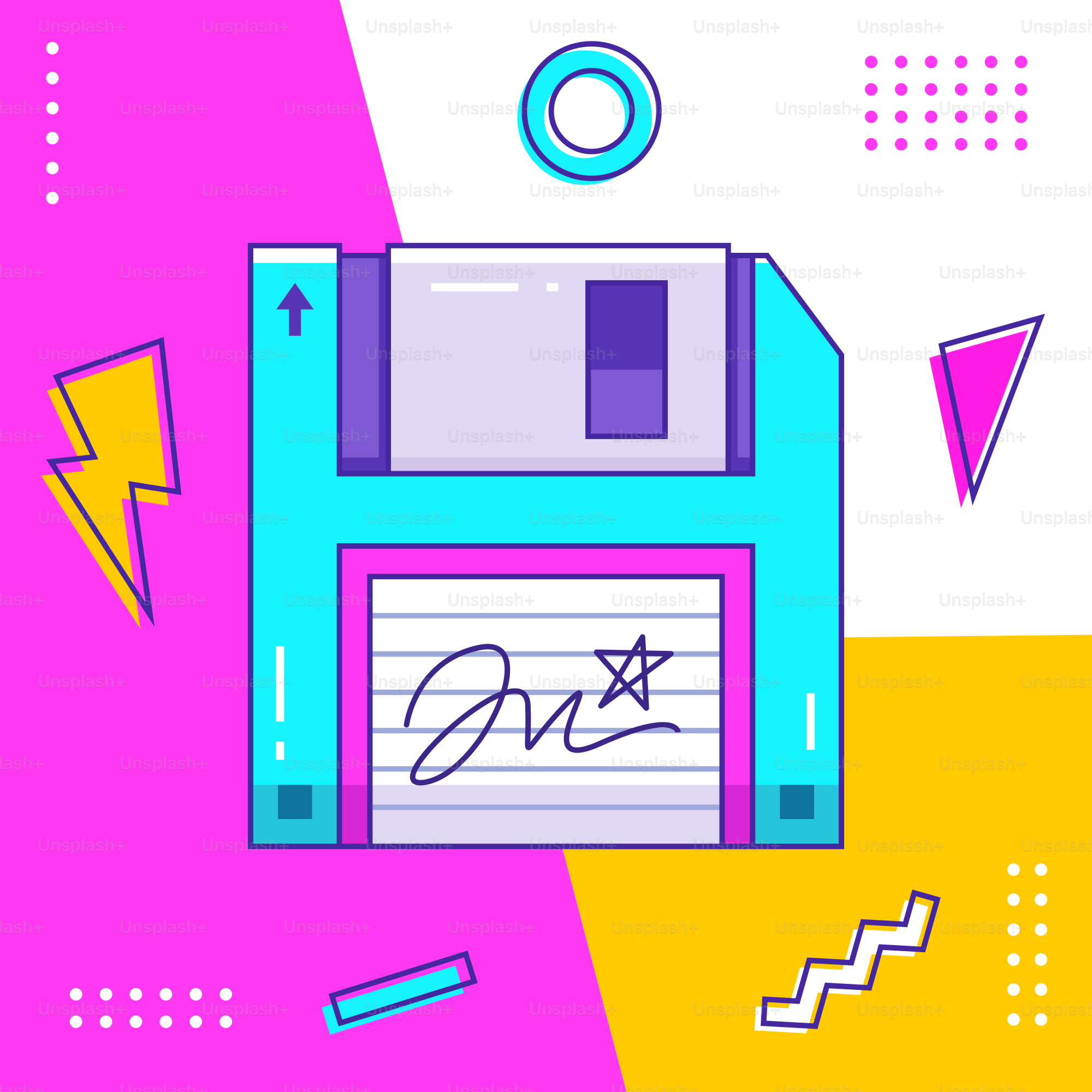 Um fundo colorido com um gravador e uma nota manuscrita