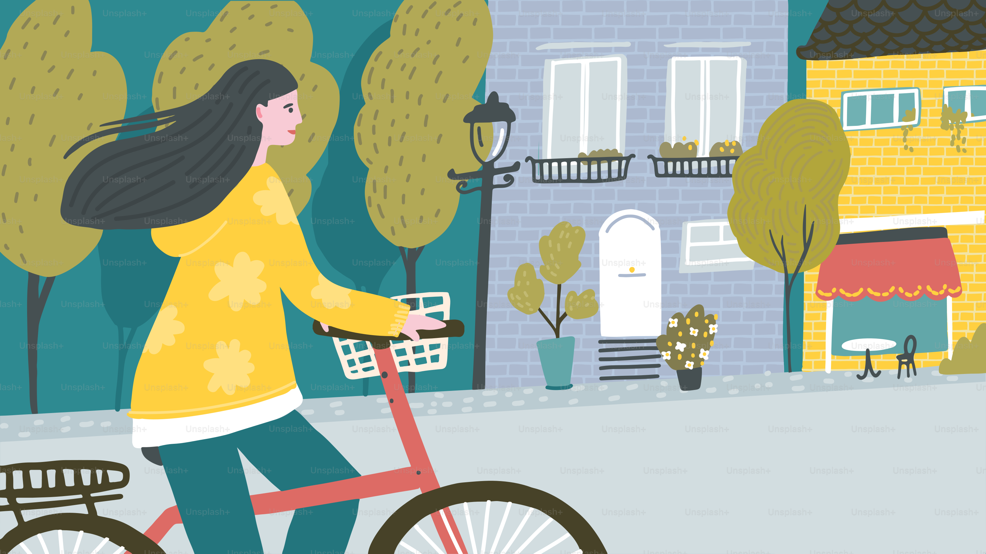 A woman riding a bike down a street