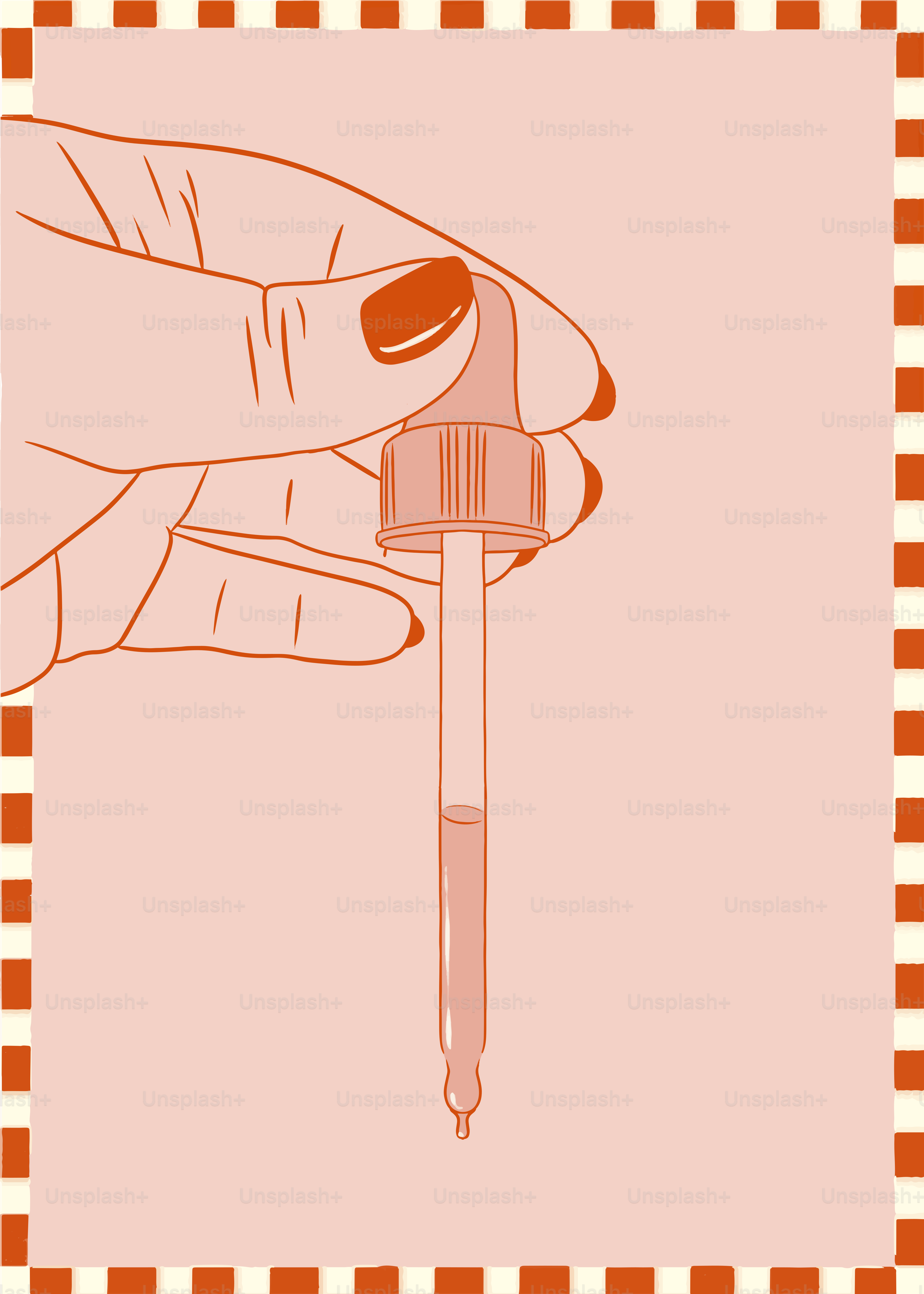 A hand holding a small toothbrush in front of a checkered background